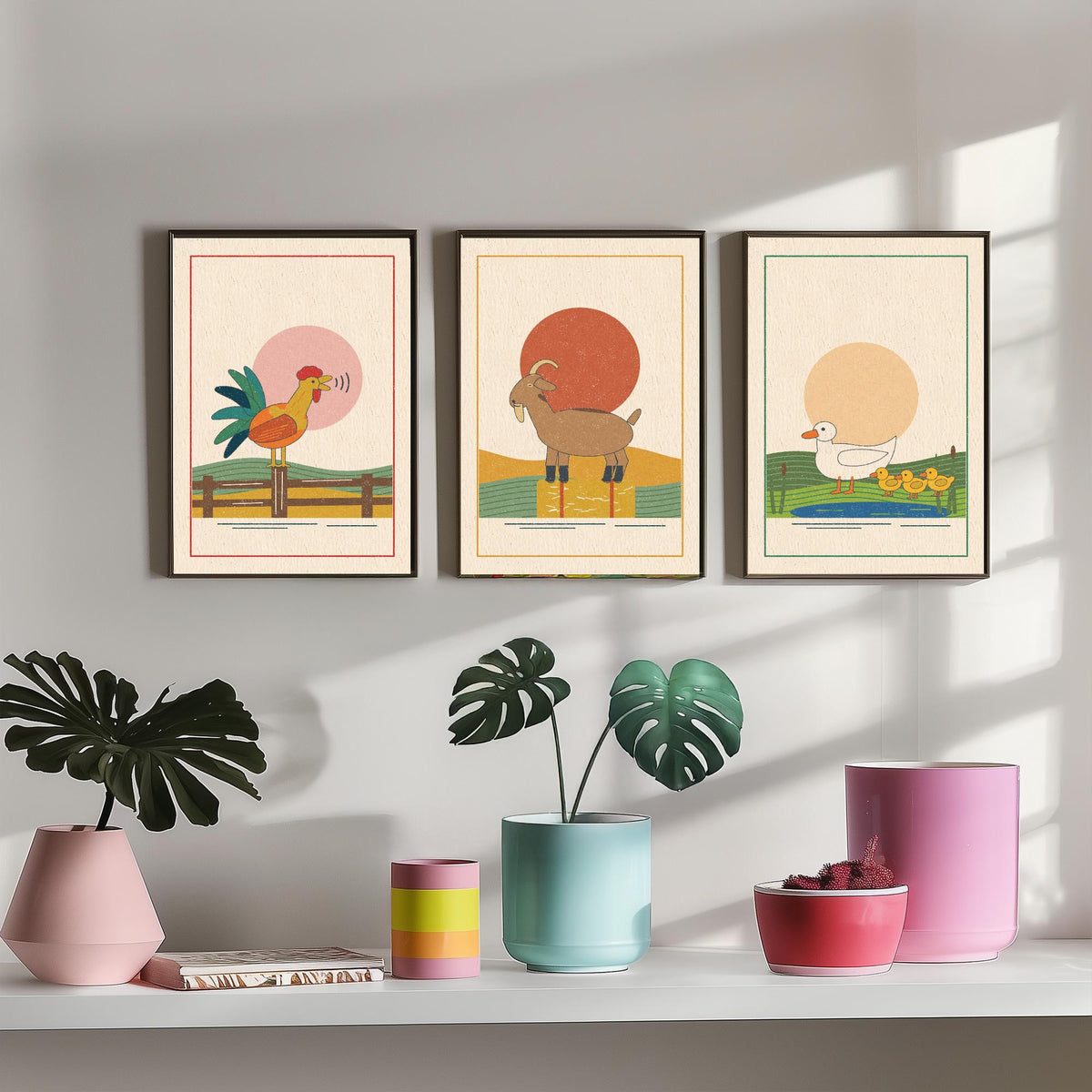 Farmyard Animal Set of Three Art Prints - Cockerel, Goat, Ducks - Linocut Style Poster Illustration V2