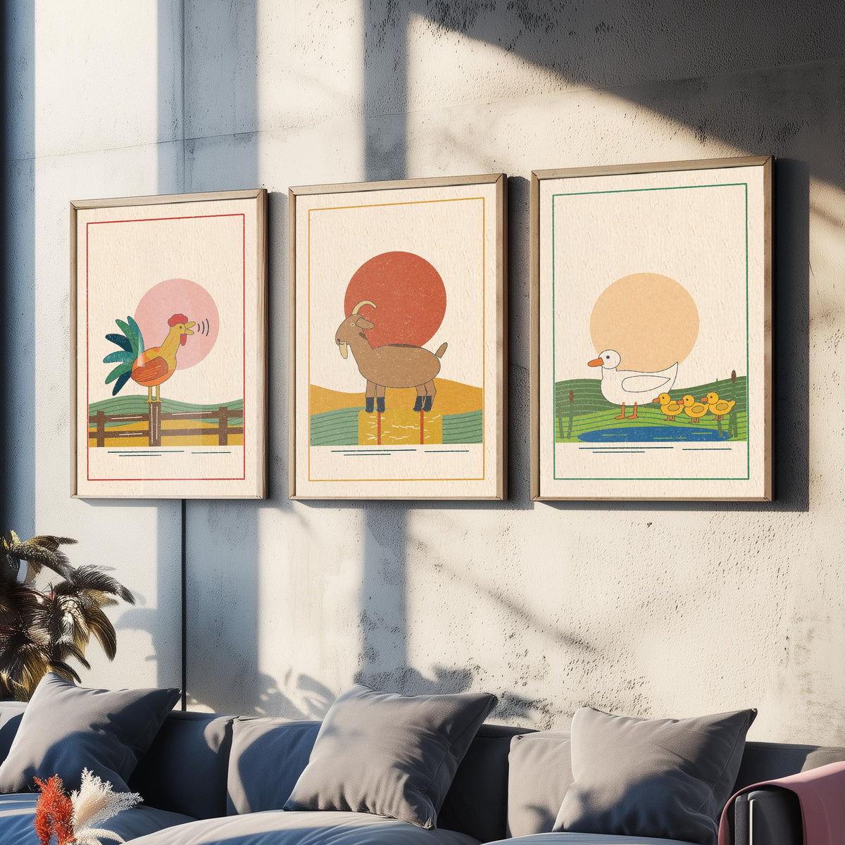 Farmyard Animal Set of Three Art Prints - Cockerel, Goat, Ducks - Linocut Style Poster Illustration V2