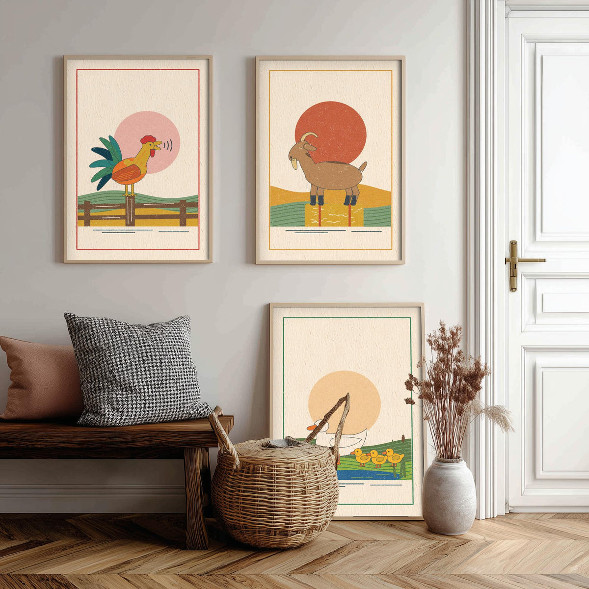 Farmyard Animal Set of Three Art Prints - Cockerel, Goat, Ducks - Linocut Style Poster Illustration V2