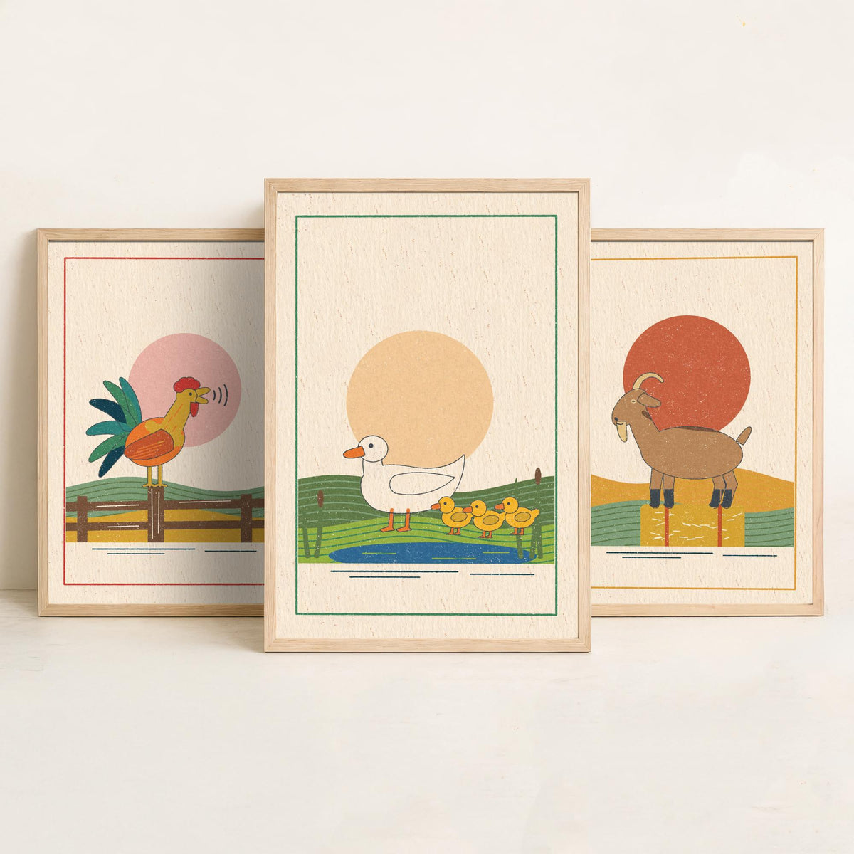 Farmyard Animal Set of Three Art Prints - Cockerel, Goat, Ducks - Linocut Style Poster Illustration V2