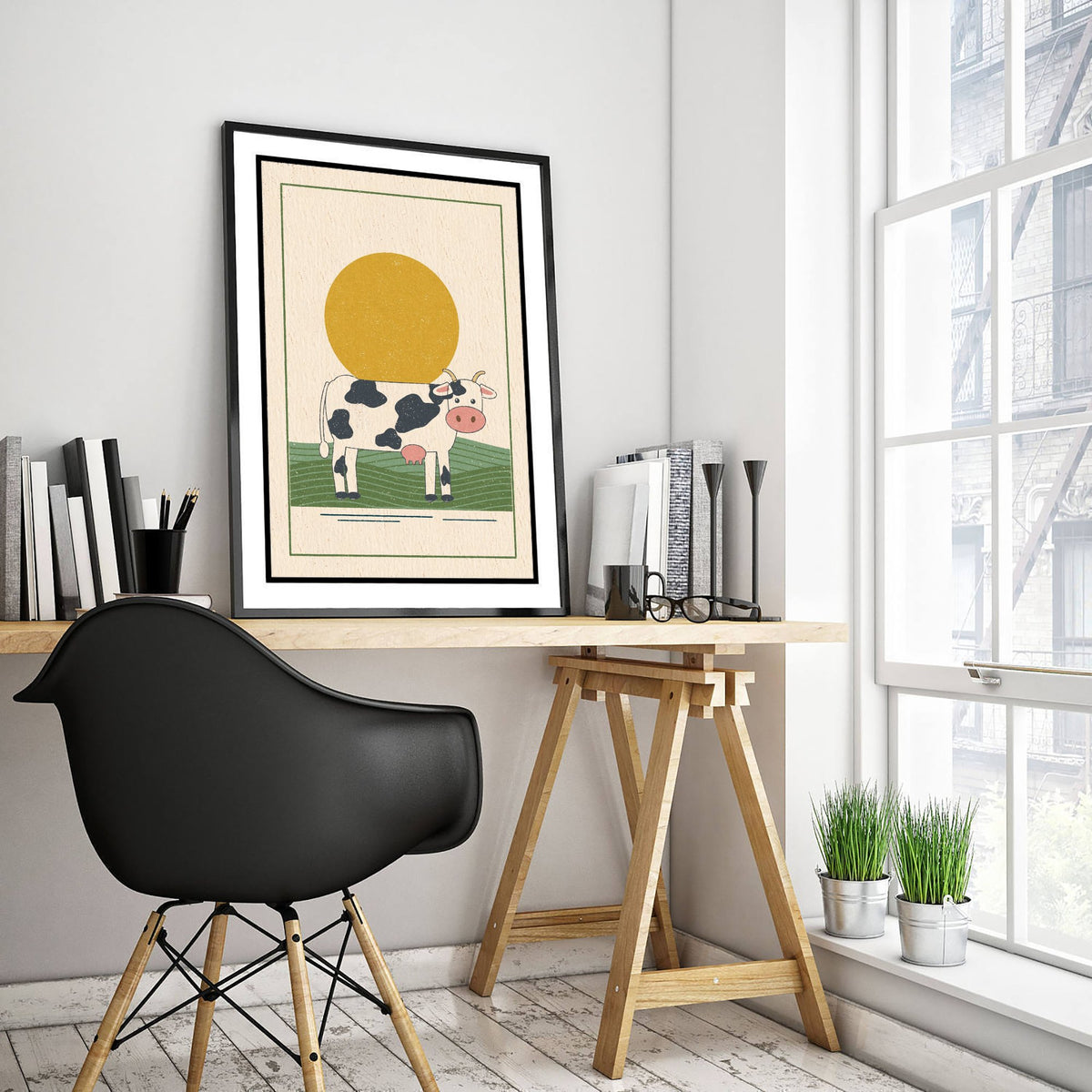 Black and White Cow Art Print - Farm Nursery Poster - Retro Linocut Style Dairy Illustration V1 1/3
