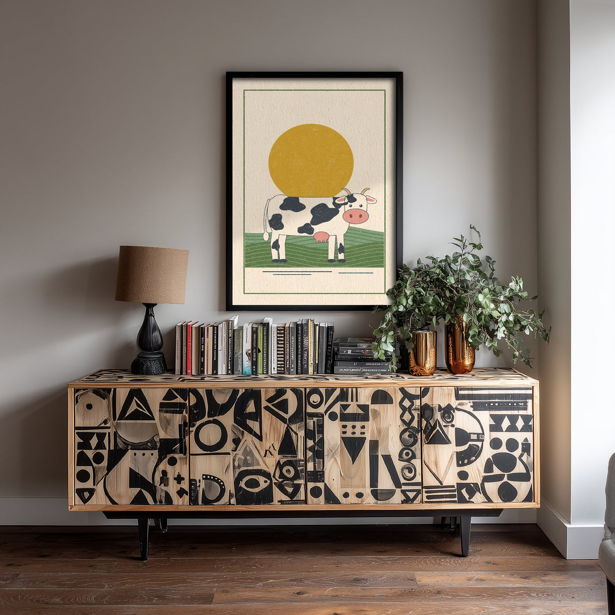 Black and White Cow Art Print - Farm Nursery Poster - Retro Linocut Style Dairy Illustration V1 1/3