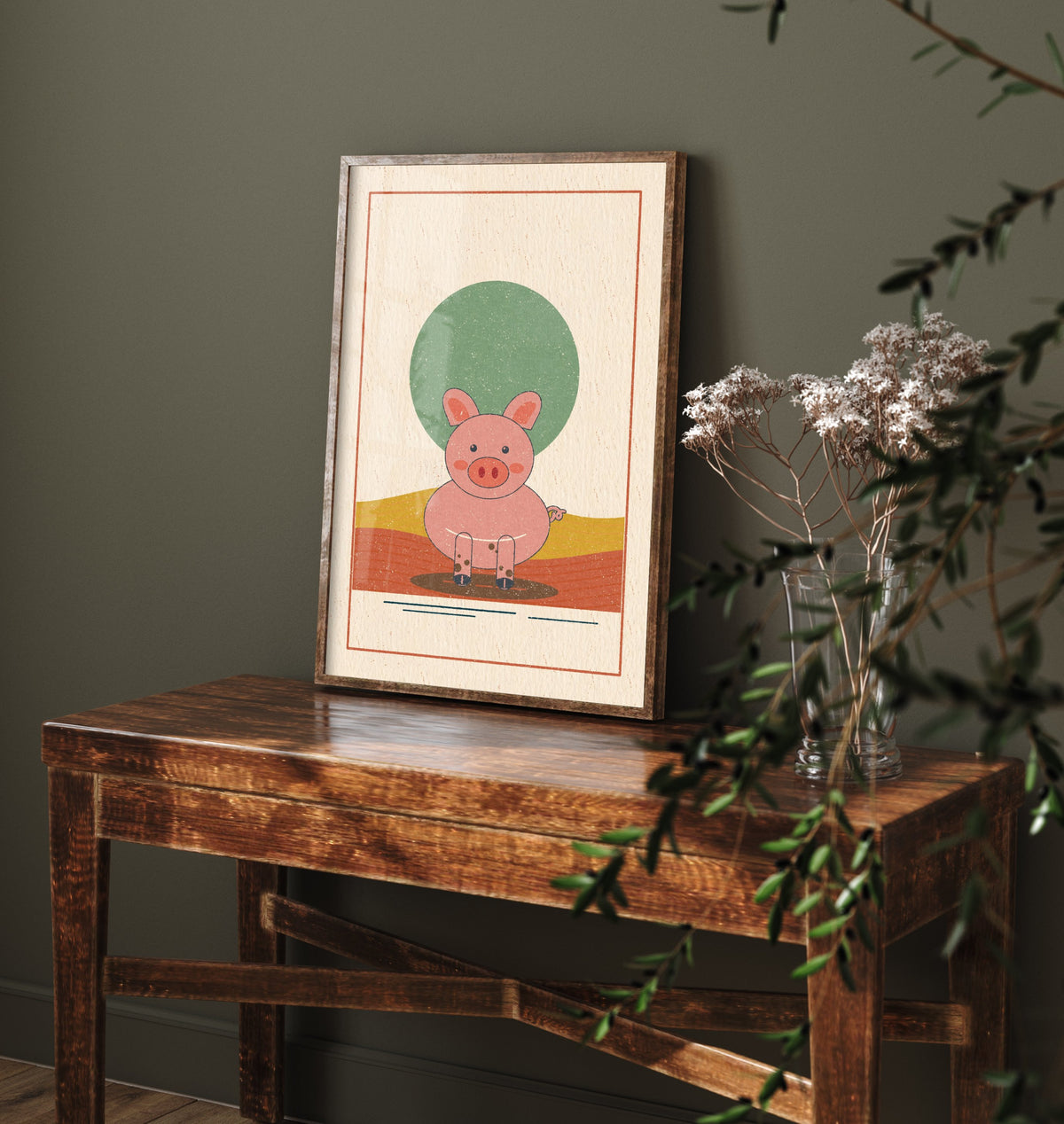 Pink Pig Art Print - Muddy Farmyard Poster - Linocut Style Piglet Illustration V1 2/3