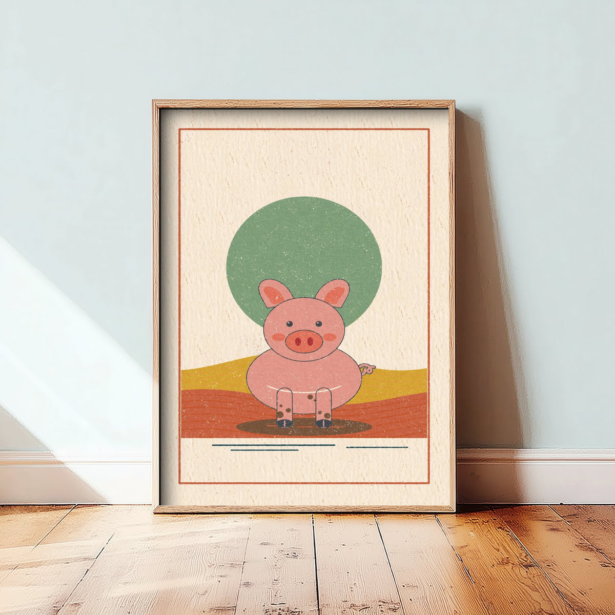 Pink Pig Art Print - Muddy Farmyard Poster - Linocut Style Piglet Illustration V1 2/3
