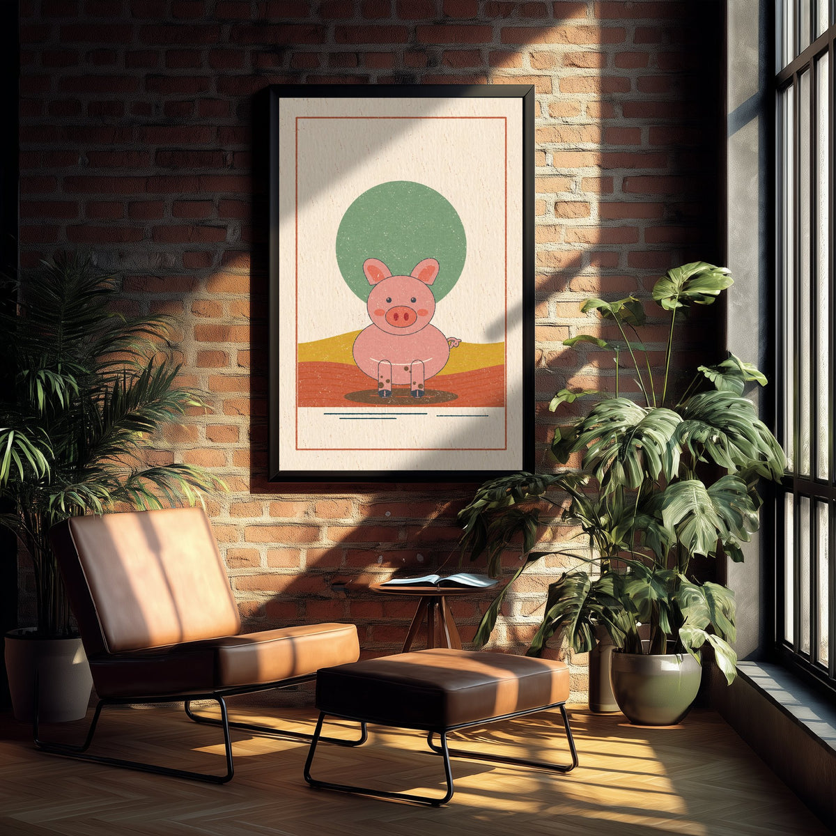 Pink Pig Art Print - Muddy Farmyard Poster - Linocut Style Piglet Illustration V1 2/3