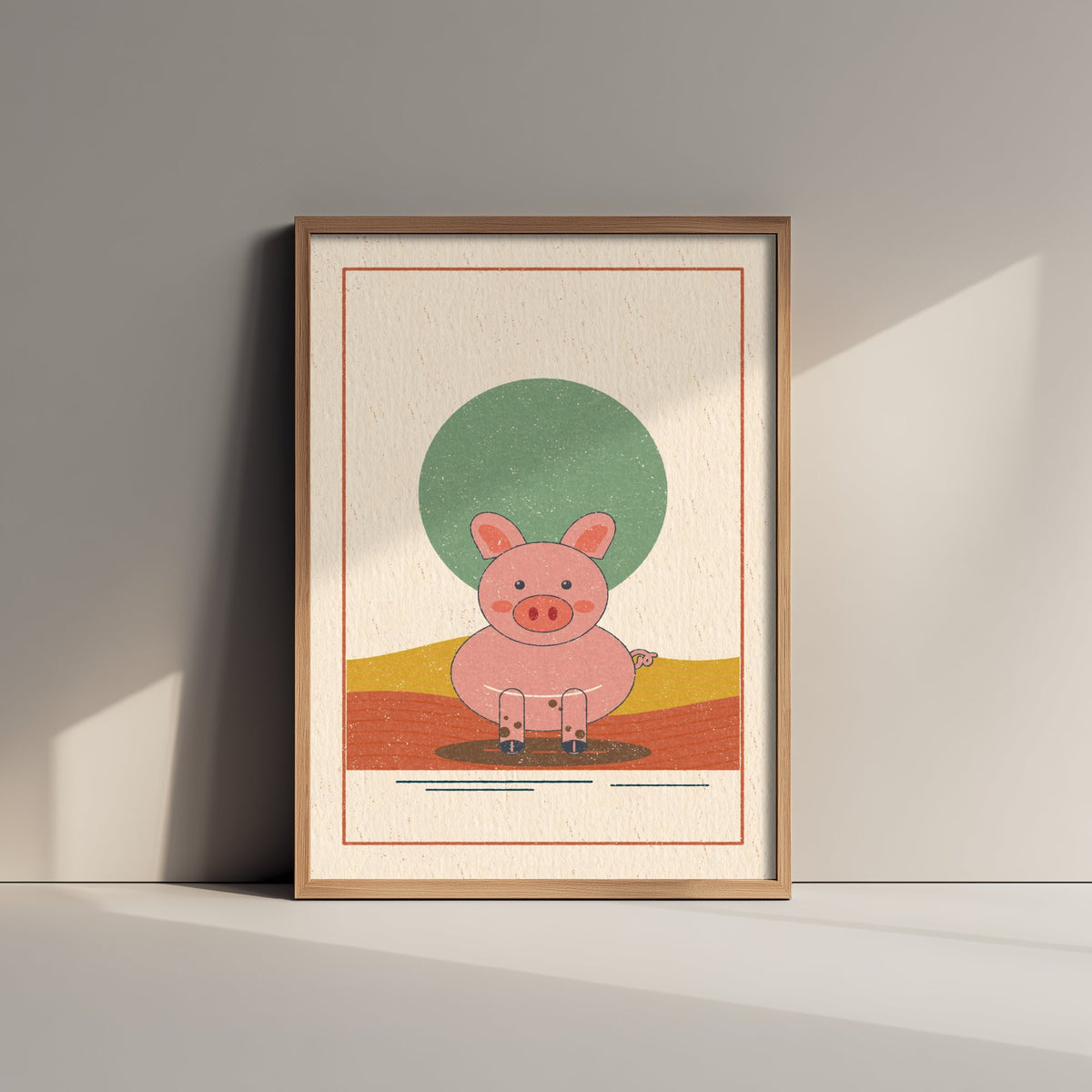 Pink Pig Art Print - Muddy Farmyard Poster - Linocut Style Piglet Illustration V1 2/3