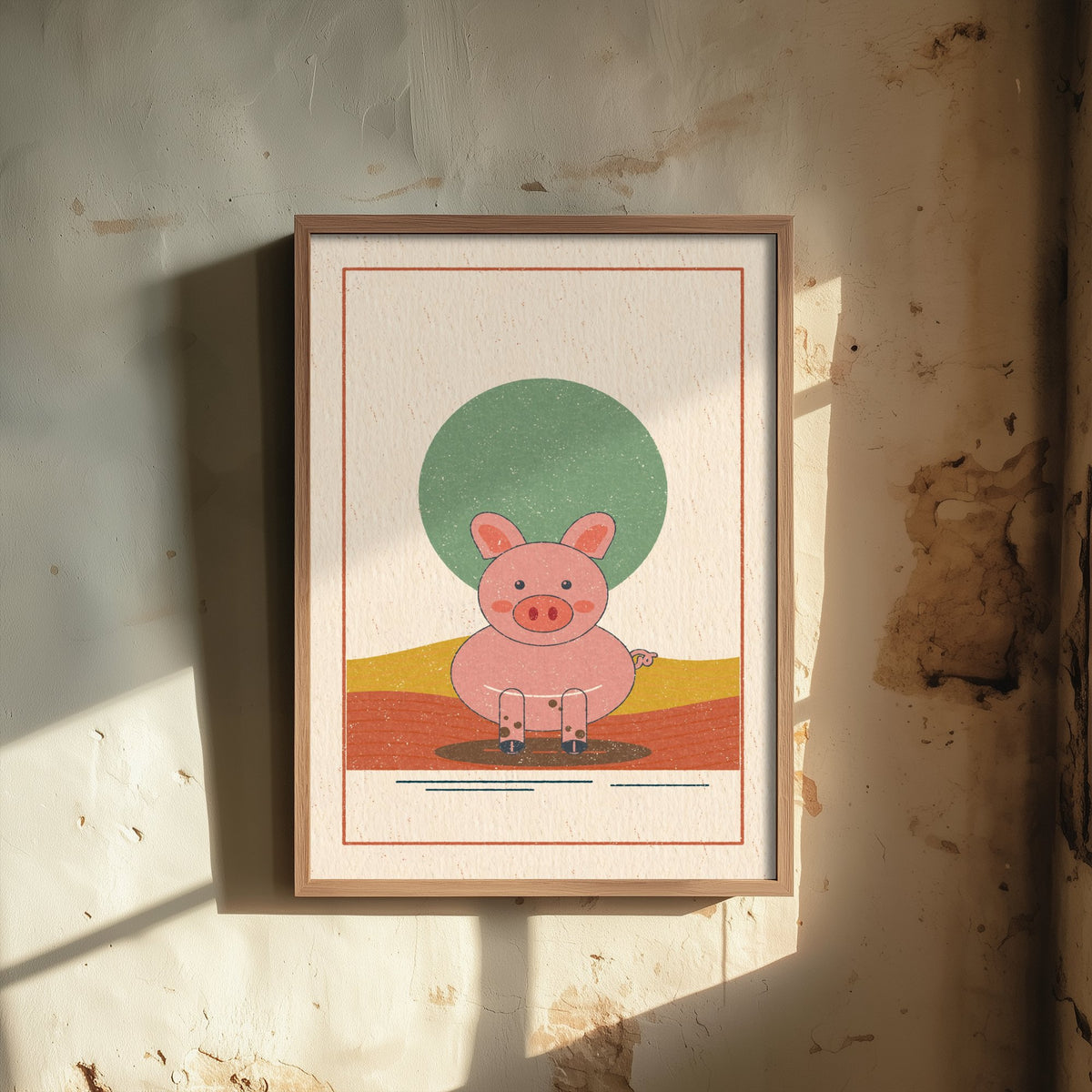 Pink Pig Art Print - Muddy Farmyard Poster - Linocut Style Piglet Illustration V1 2/3