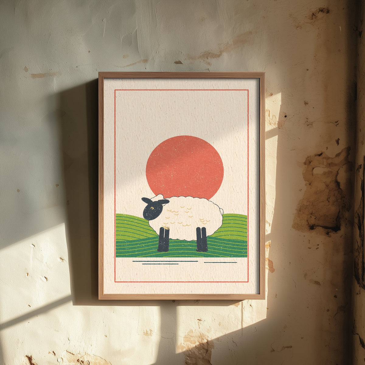 Woolly Sheep Art Print - Black Faced Ewe Poster - Linocut Style Hillside Illustration V1 3/3