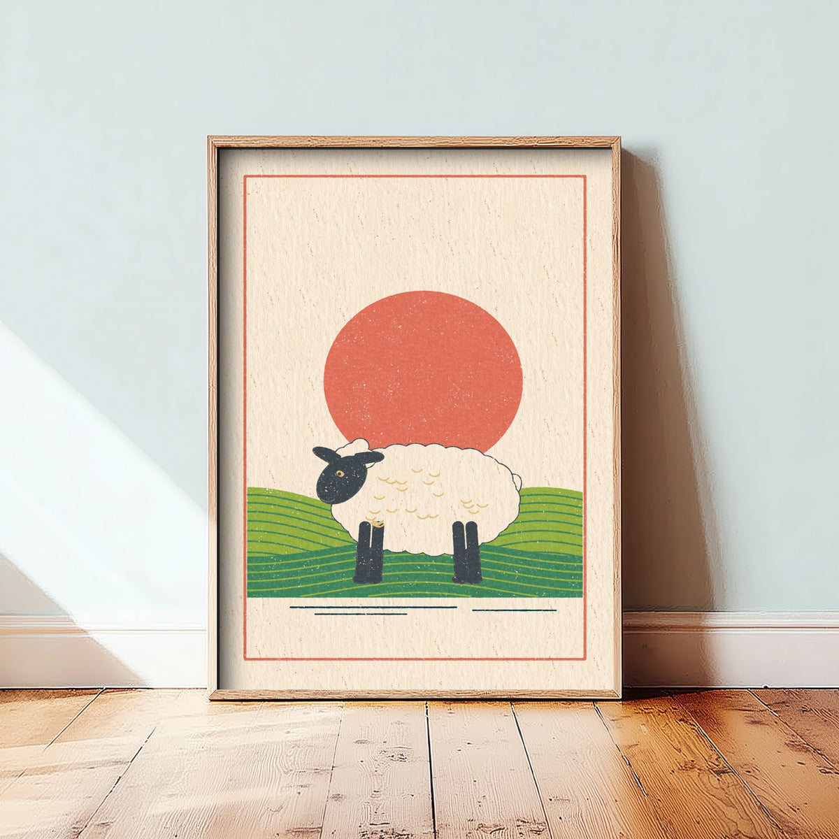 Woolly Sheep Art Print - Black Faced Ewe Poster - Linocut Style Hillside Illustration V1 3/3