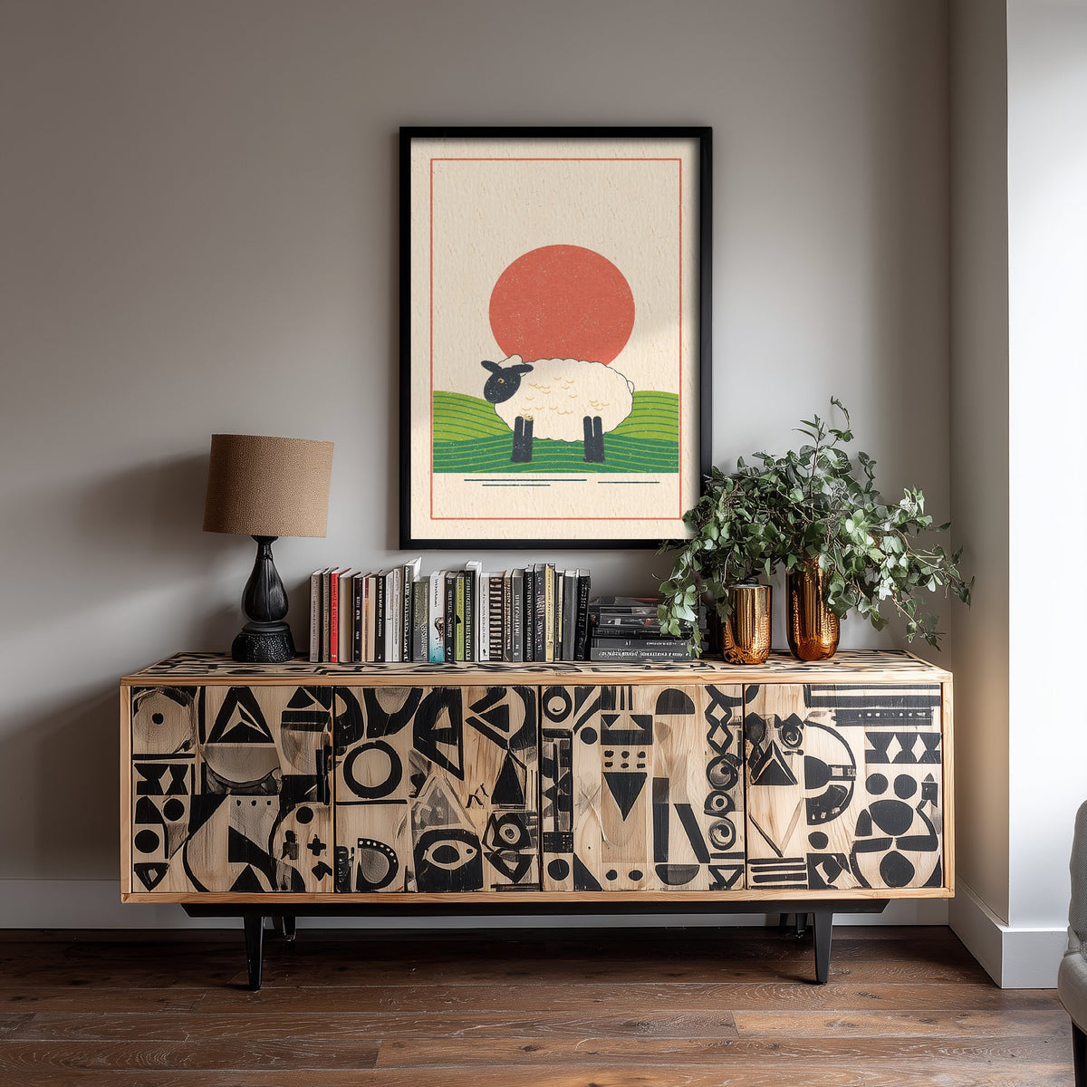 Woolly Sheep Art Print - Black Faced Ewe Poster - Linocut Style Hillside Illustration V1 3/3