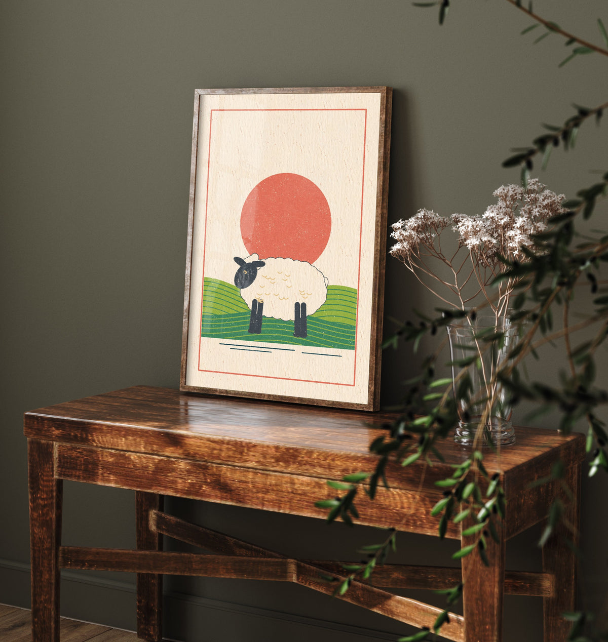 Woolly Sheep Art Print - Black Faced Ewe Poster - Linocut Style Hillside Illustration V1 3/3