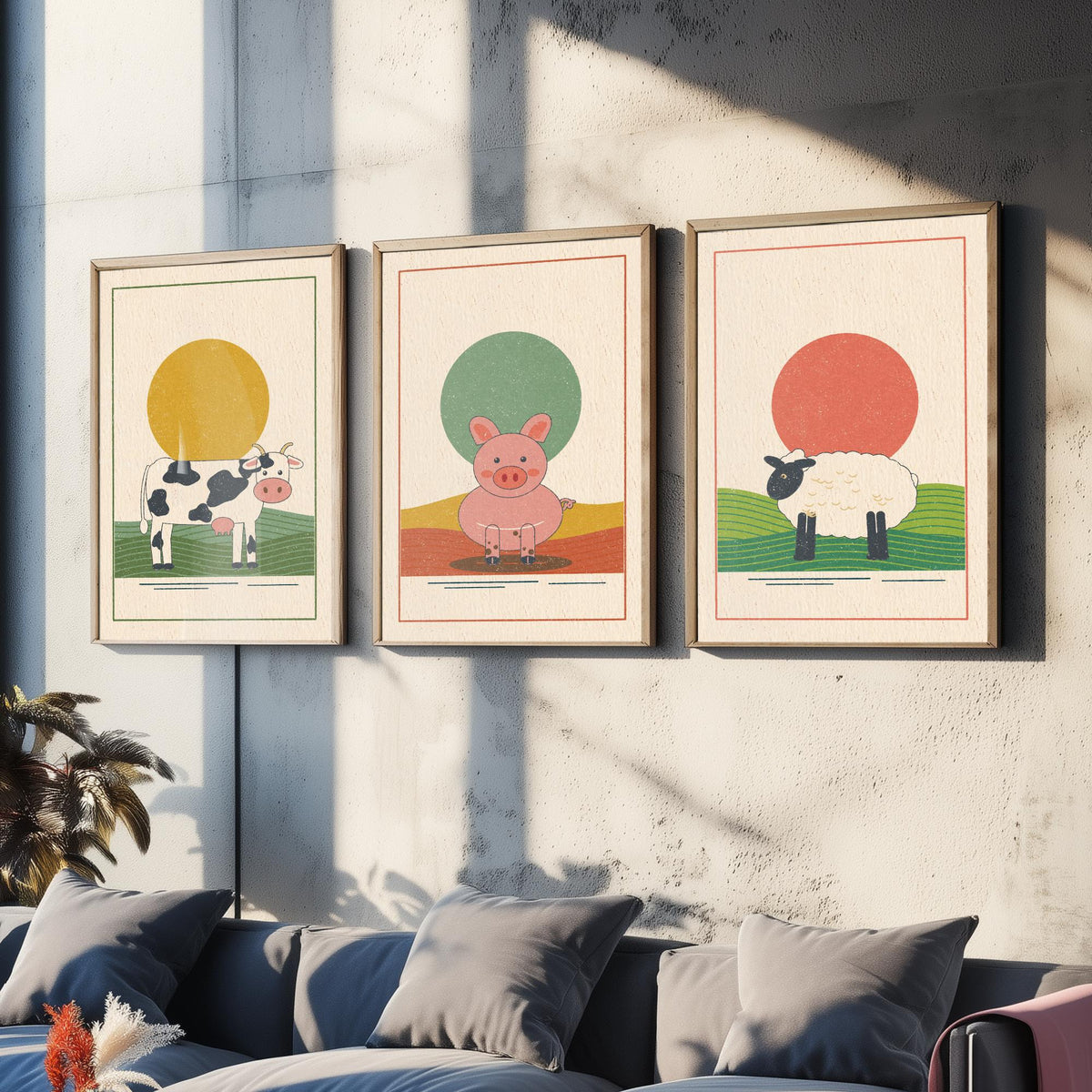 Farmyard Animal Set of Three Art Prints - Cow, Pig, Sheep - Linocut Style Poster Illustration V1