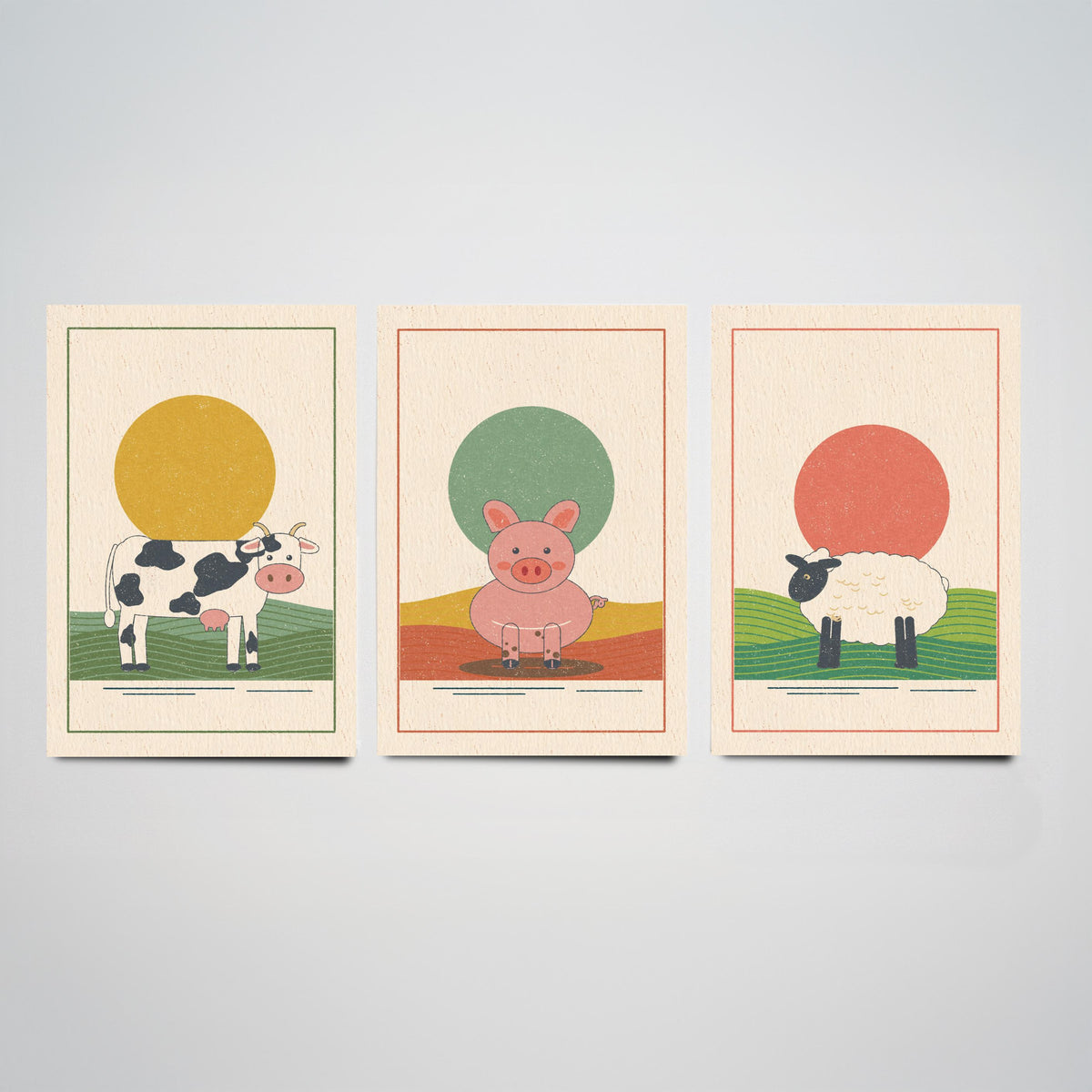 Farmyard Animal Set of Three Art Prints - Cow, Pig, Sheep - Linocut Style Poster Illustration V1