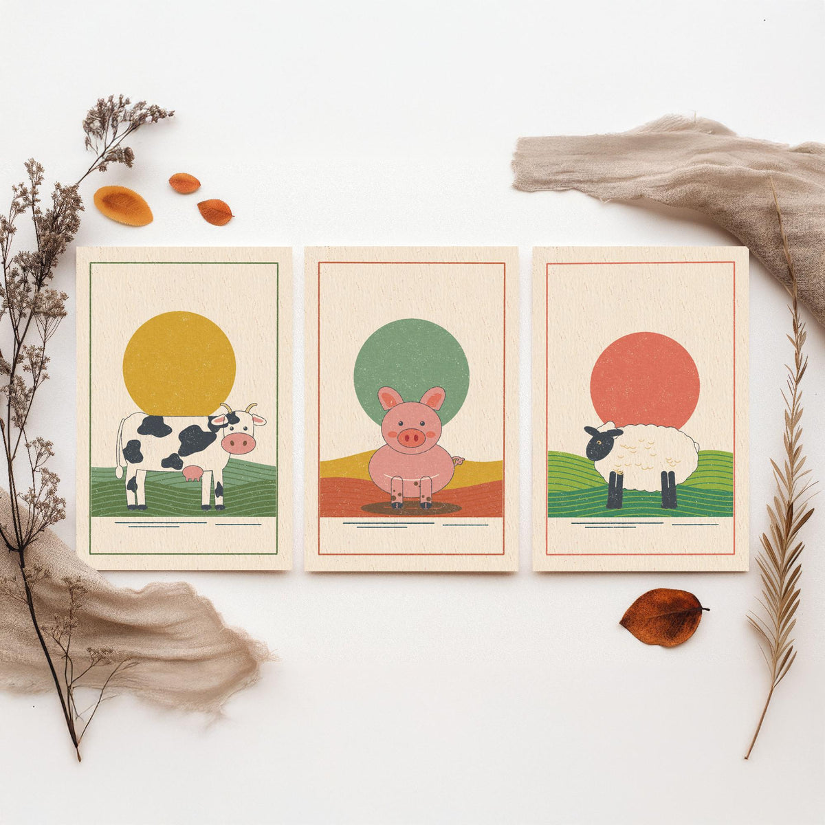 Farmyard Animal Set of Three Art Prints - Cow, Pig, Sheep - Linocut Style Poster Illustration V1
