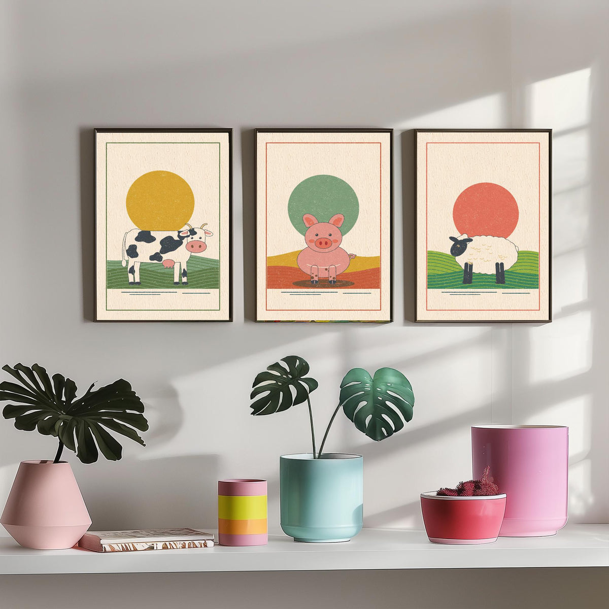 Farmyard Animal Set of Three Art Prints - Cow, Pig, Sheep - Linocut Style Poster Illustration V1
