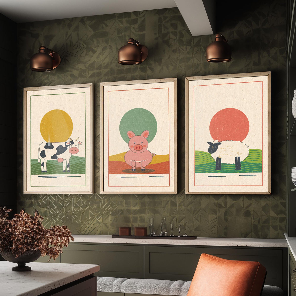 Farmyard Animal Set of Three Art Prints - Cow, Pig, Sheep - Linocut Style Poster Illustration V1