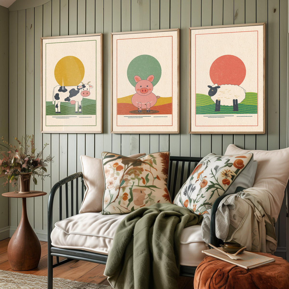 Farmyard Animal Set of Three Art Prints - Cow, Pig, Sheep - Linocut Style Poster Illustration V1