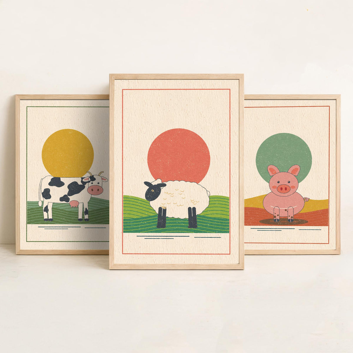 Farmyard Animal Set of Three Art Prints - Cow, Pig, Sheep - Linocut Style Poster Illustration V1