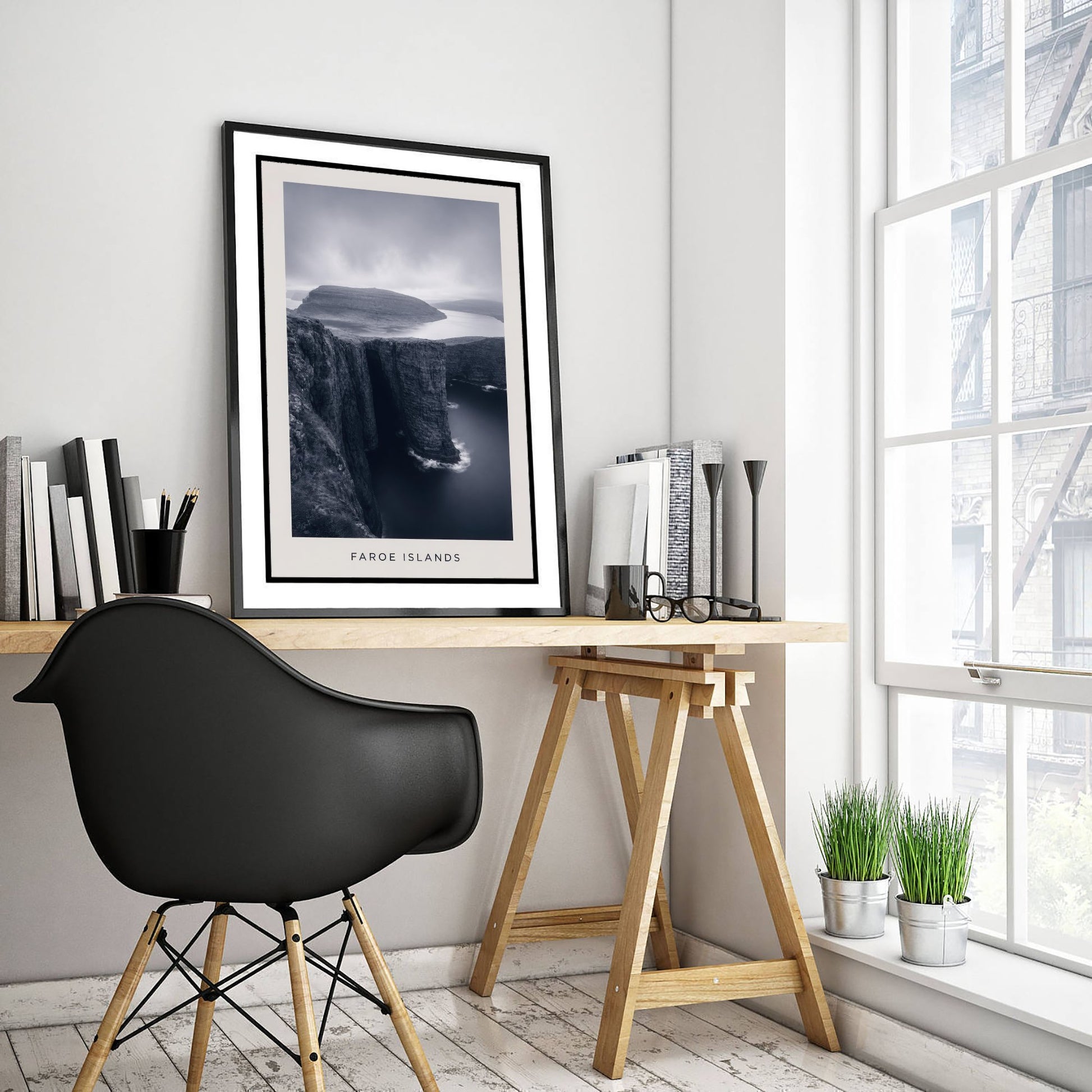 Faroe Islands Art Print - Black and White Photo Poster - Nordic Coastal Landscape - Moody Sea Cliffs 1/3