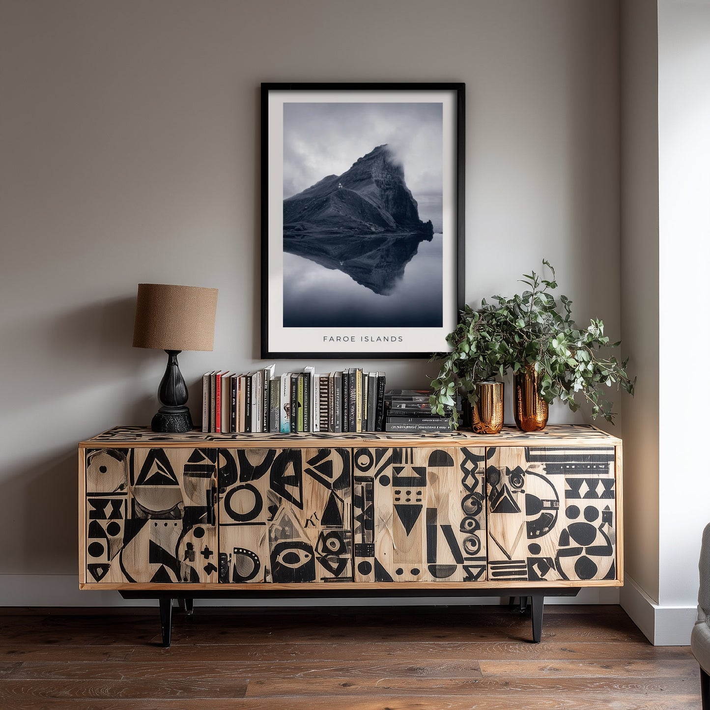 Faroe Islands Art Print - Black and White Photo Poster - Nordic Mountain Reflection - Moody Landscape 2/3