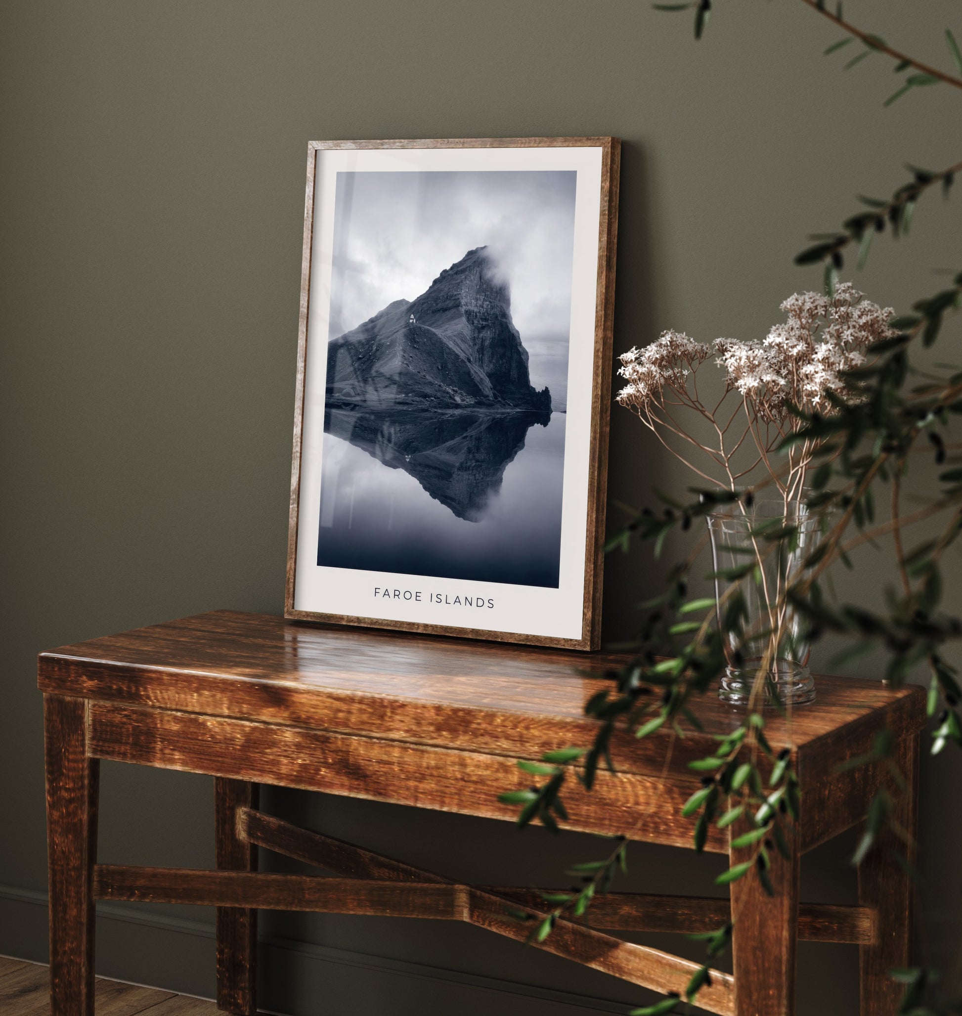 Faroe Islands Art Print - Black and White Photo Poster - Nordic Mountain Reflection - Moody Landscape 2/3