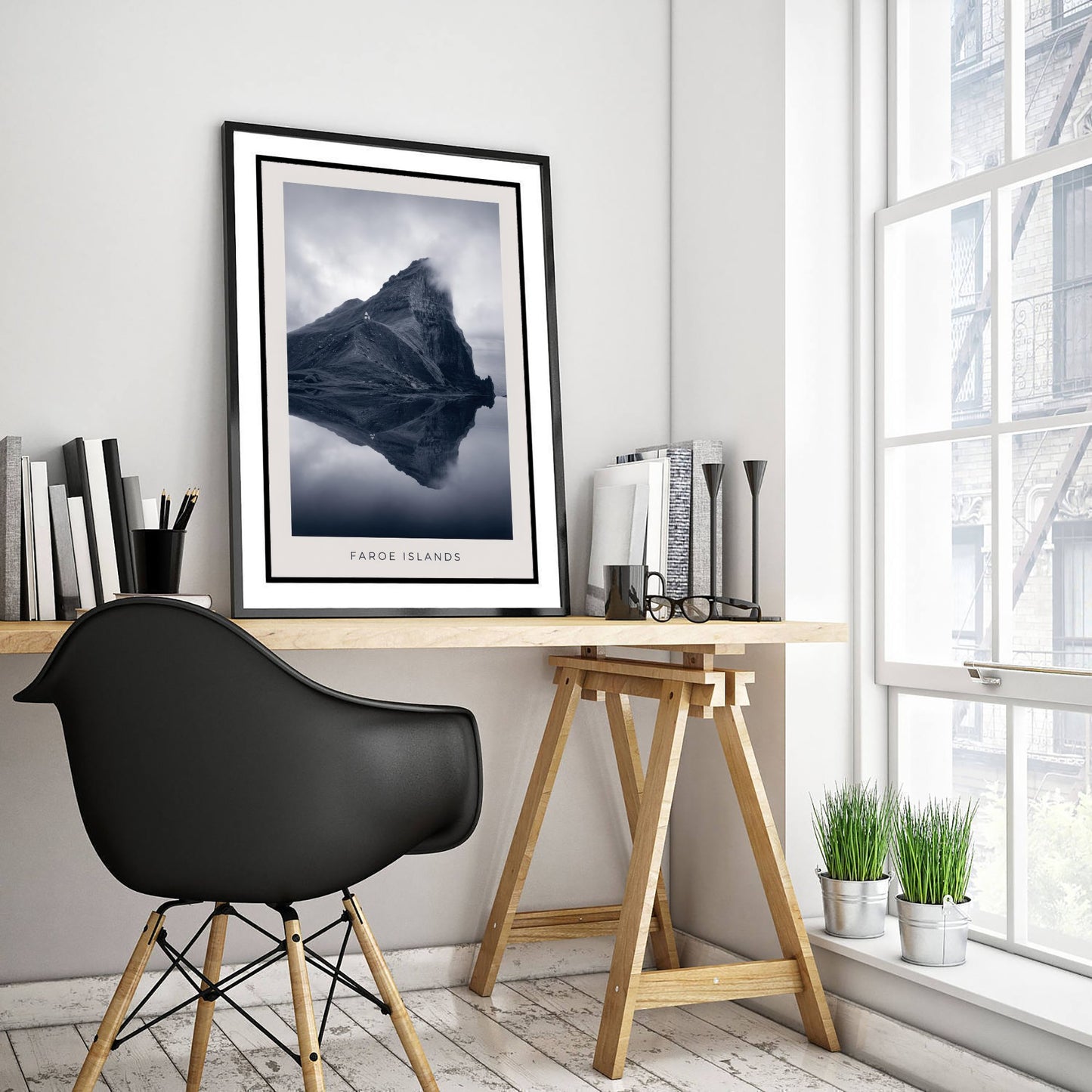 Faroe Islands Art Print - Black and White Photo Poster - Nordic Mountain Reflection - Moody Landscape 2/3
