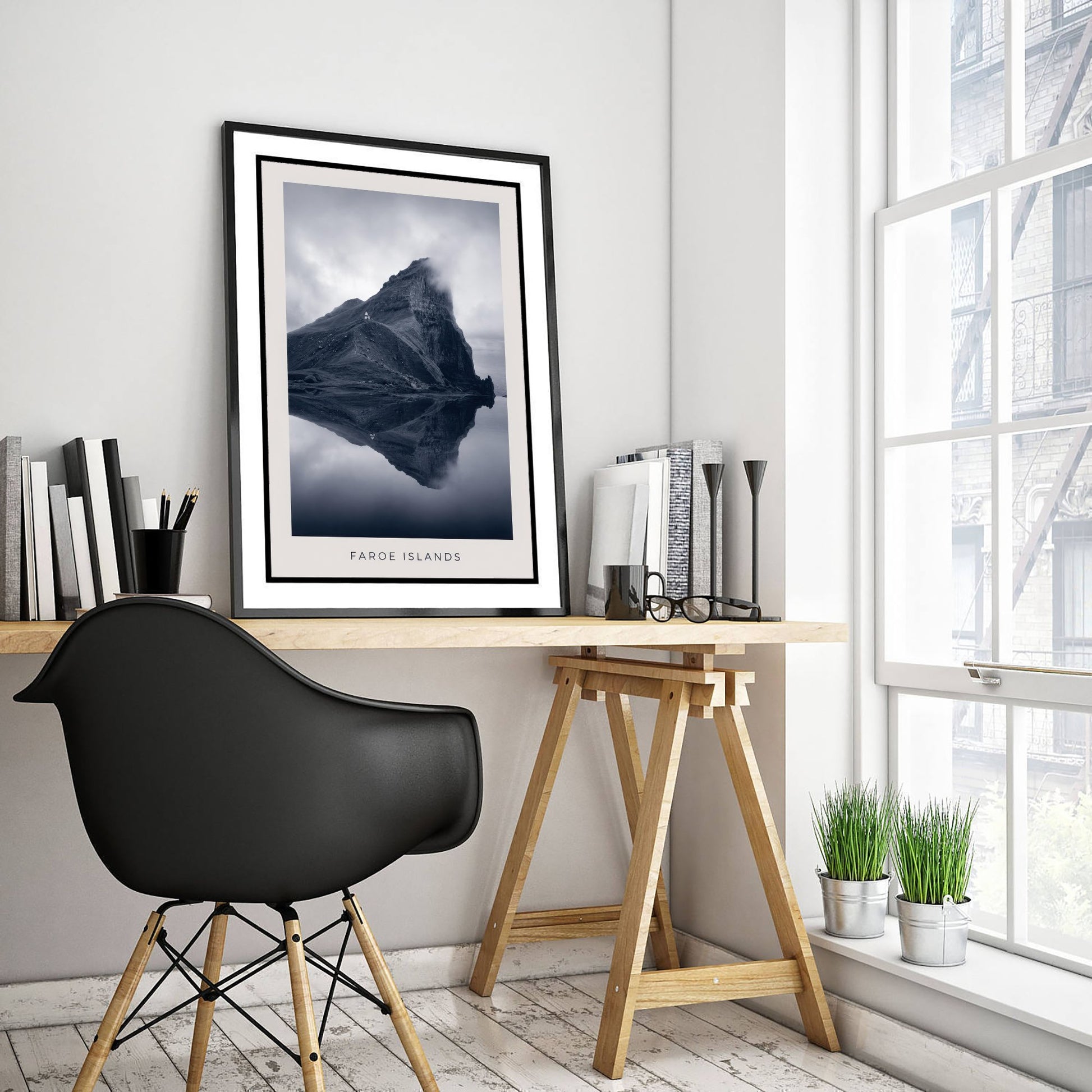 Faroe Islands Art Print - Black and White Photo Poster - Nordic Mountain Reflection - Moody Landscape 2/3