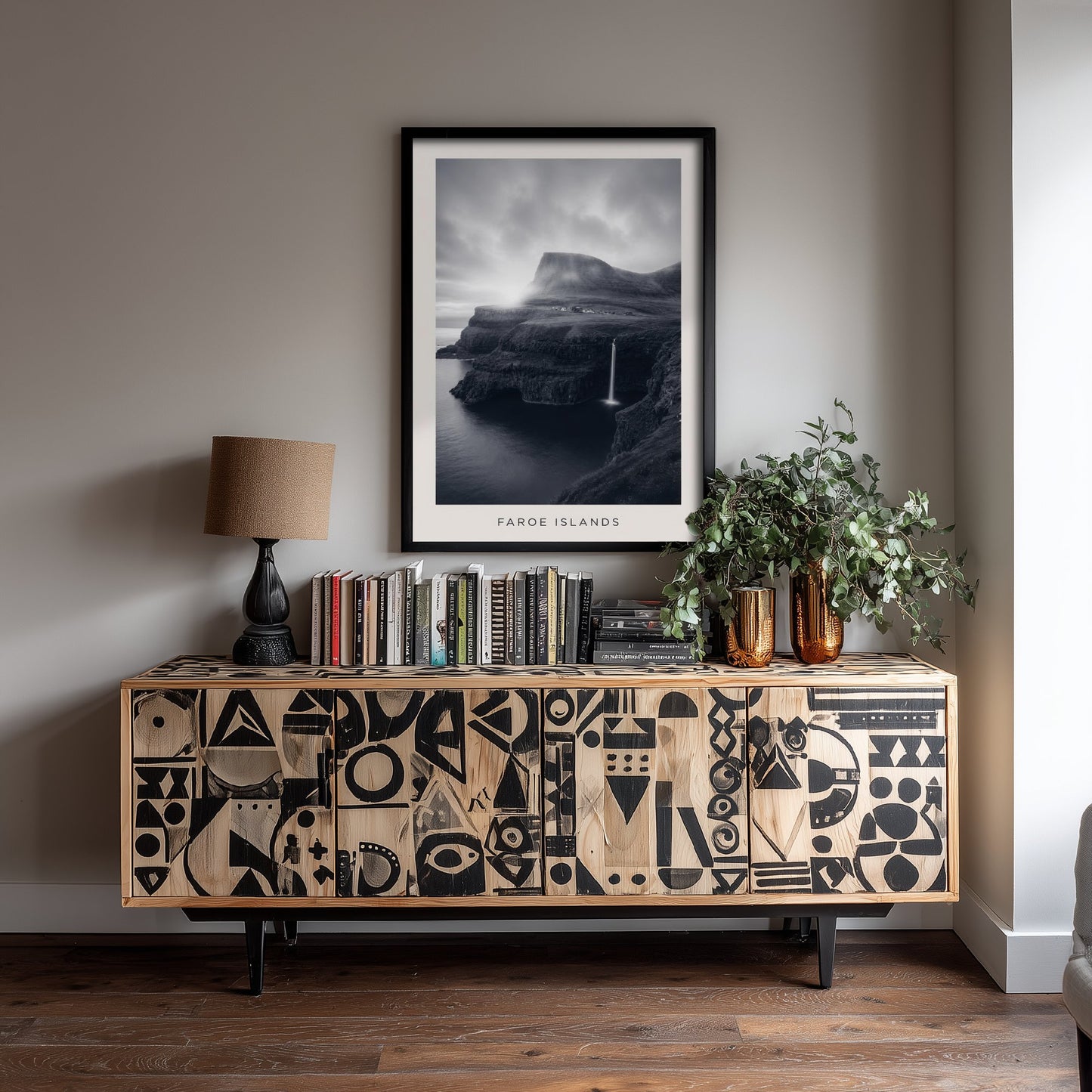 Faroe Islands Art Print - Black and White Photo Poster - Nordic Waterfall Coast - Moody Seascape 3/3