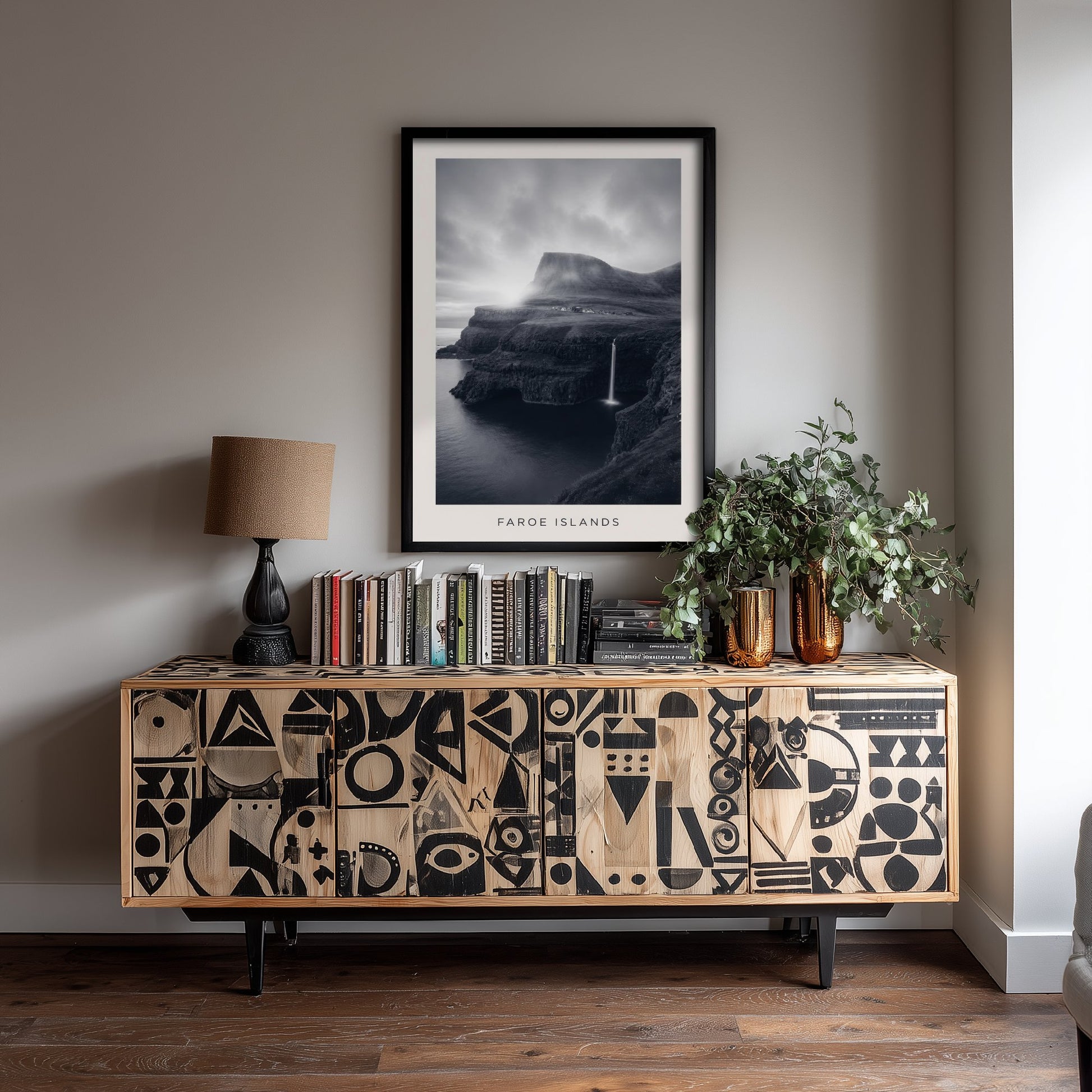 Faroe Islands Art Print - Black and White Photo Poster - Nordic Waterfall Coast - Moody Seascape 3/3
