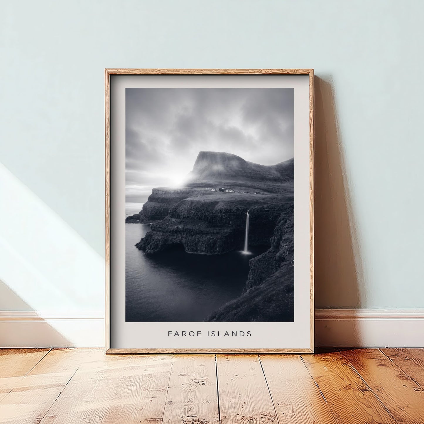 Faroe Islands Art Print - Black and White Photo Poster - Nordic Waterfall Coast - Moody Seascape 3/3