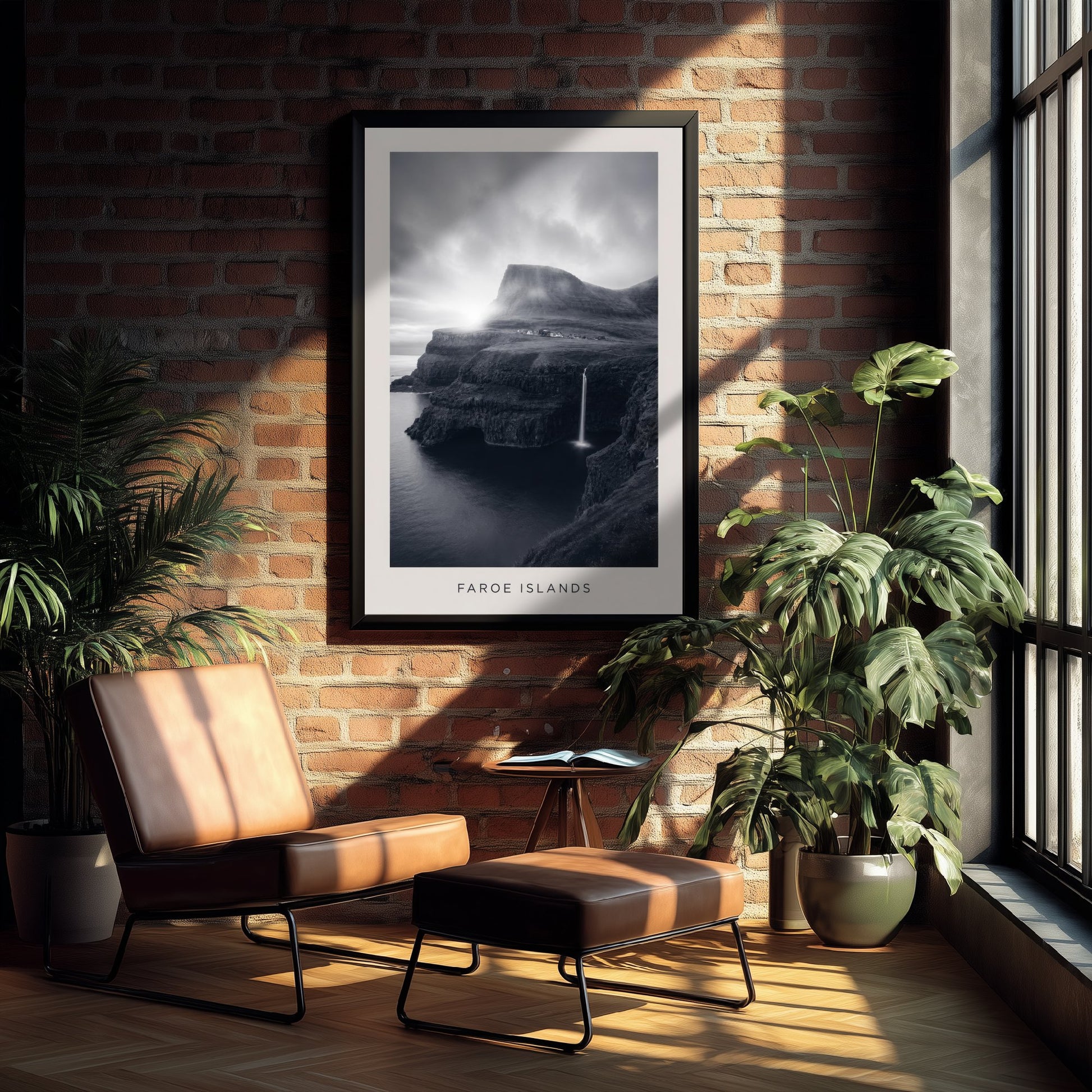 Faroe Islands Art Print - Black and White Photo Poster - Nordic Waterfall Coast - Moody Seascape 3/3