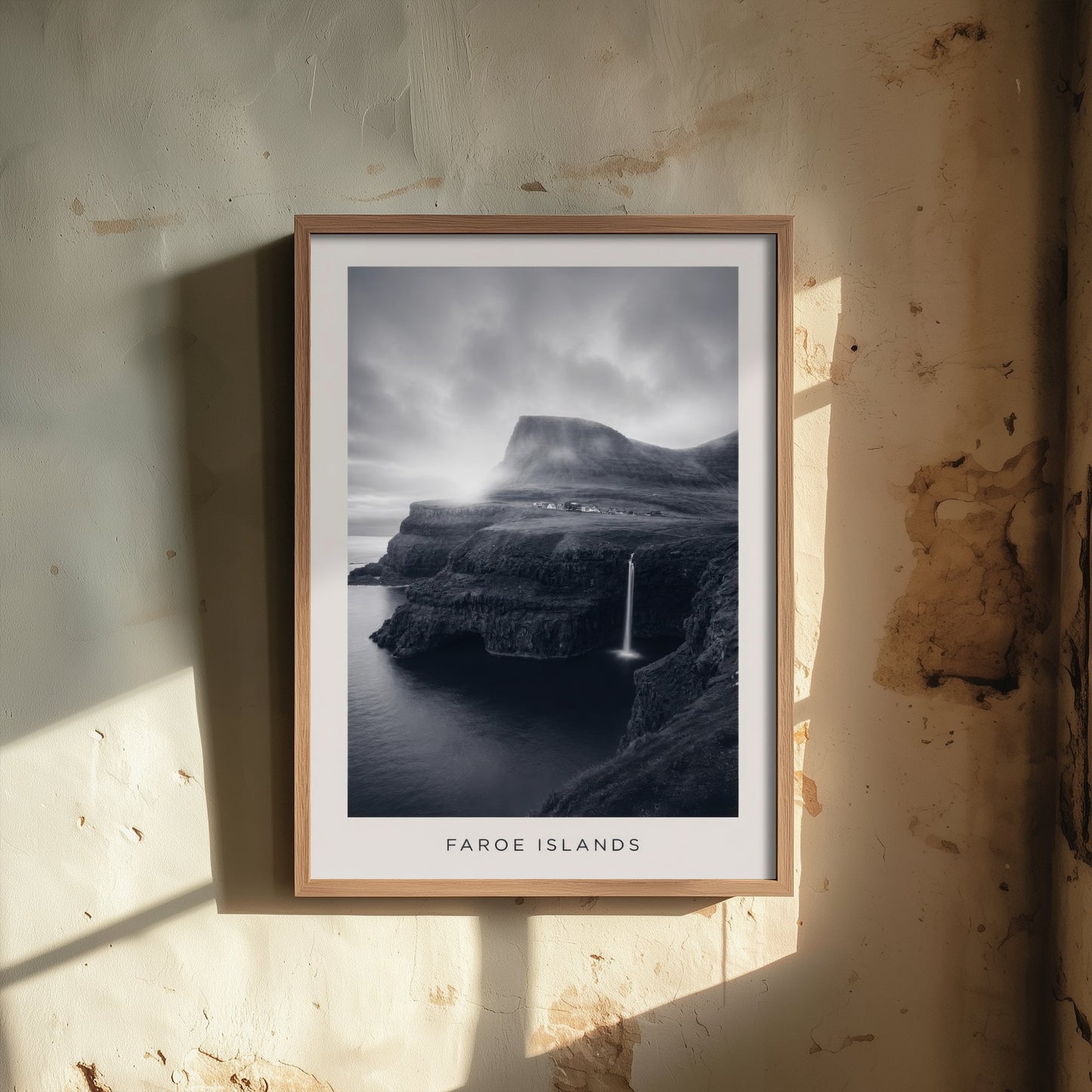 Faroe Islands Art Print - Black and White Photo Poster - Nordic Waterfall Coast - Moody Seascape 3/3