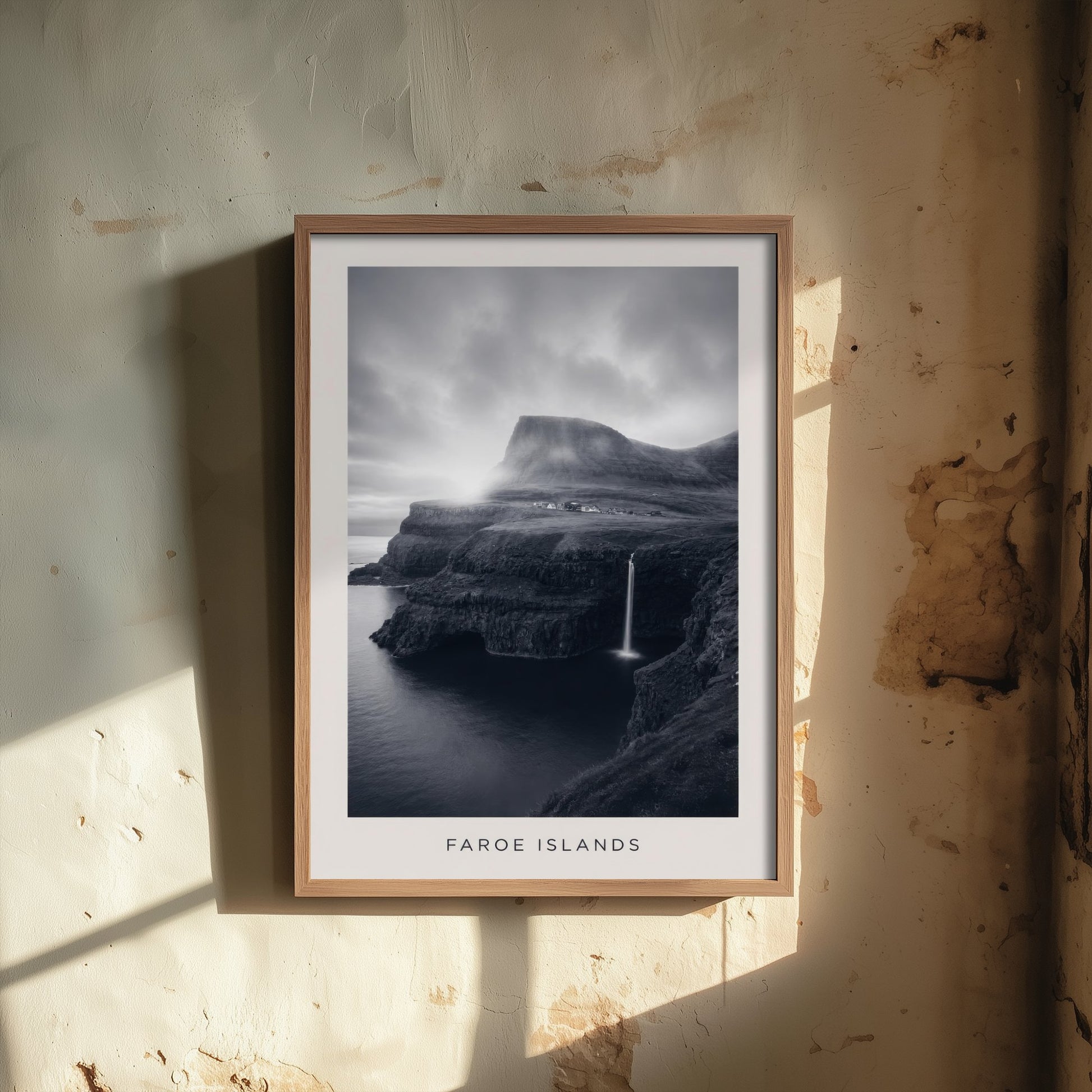 Faroe Islands Art Print - Black and White Photo Poster - Nordic Waterfall Coast - Moody Seascape 3/3