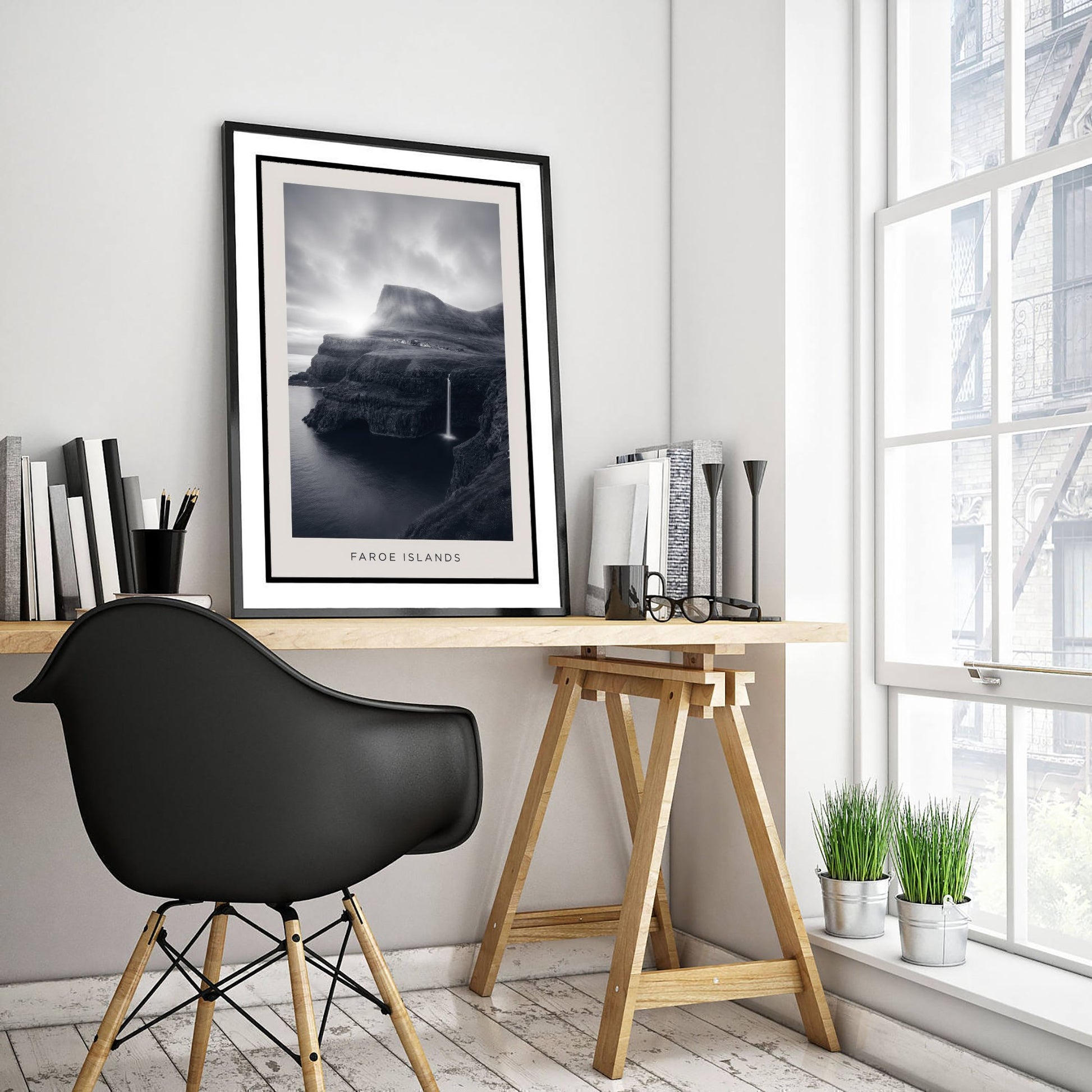 Faroe Islands Art Print - Black and White Photo Poster - Nordic Waterfall Coast - Moody Seascape 3/3