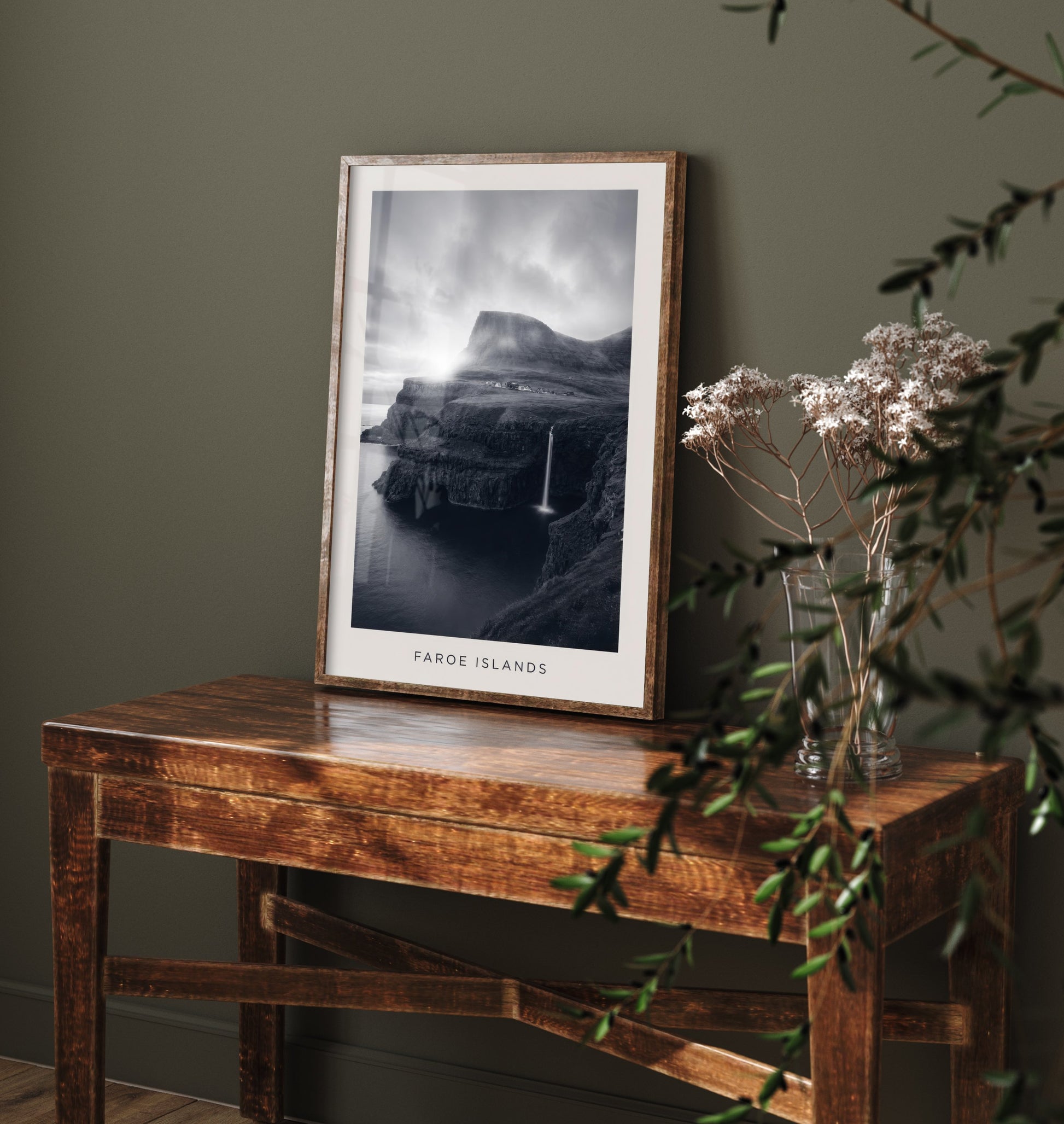 Faroe Islands Art Print - Black and White Photo Poster - Nordic Waterfall Coast - Moody Seascape 3/3