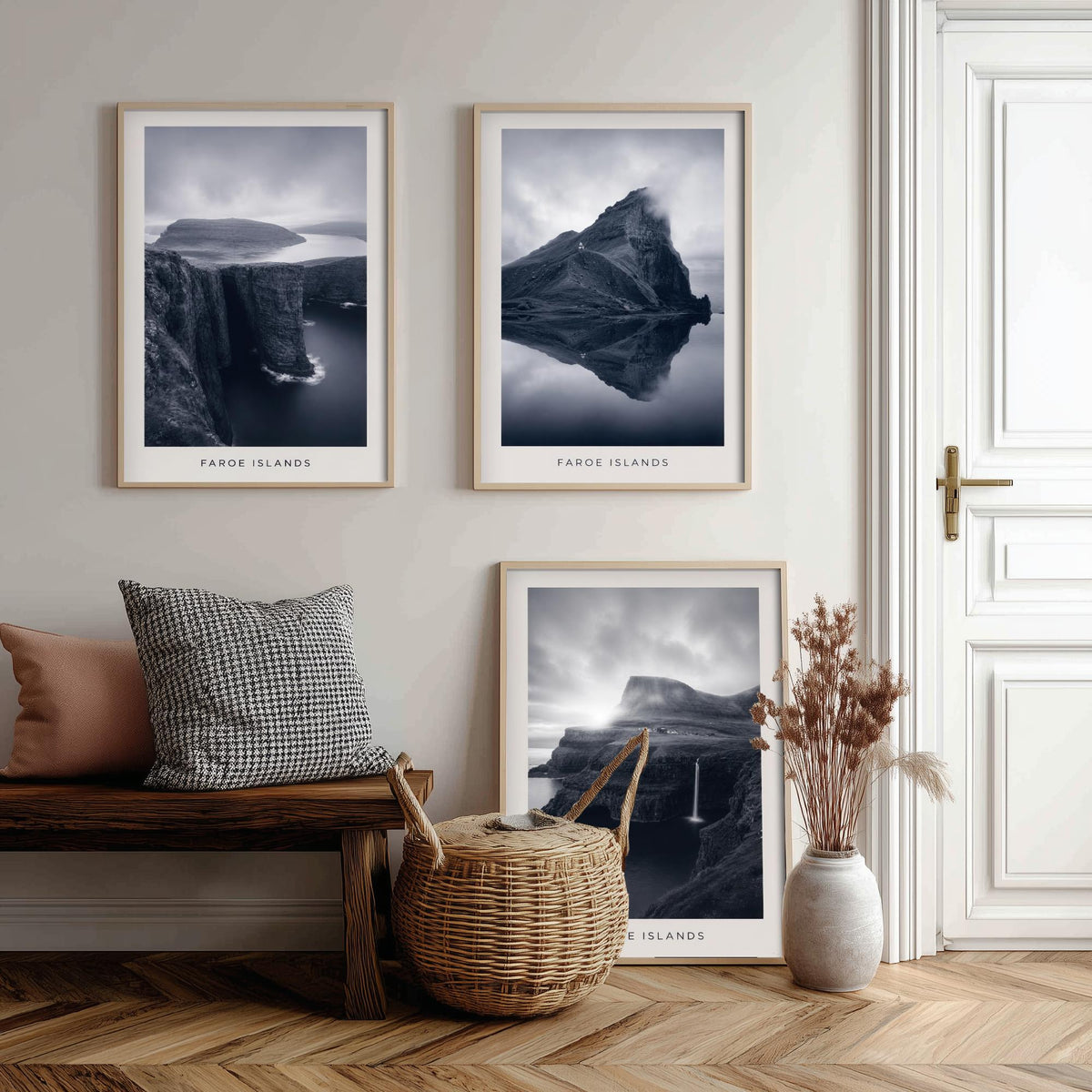 Faroe Islands Set of Three Prints | Nordic Cliffs Fjord Waterfall | Moody Black and White Landscape Wall Art Poster Photo