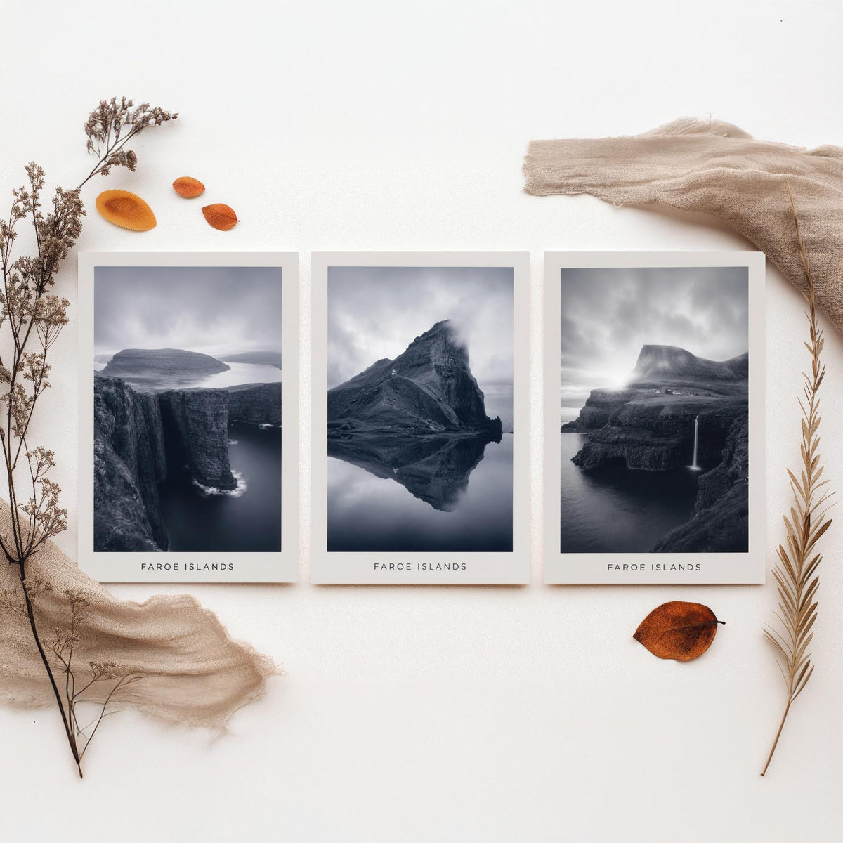 Faroe Islands Set of Three Prints | Nordic Cliffs Fjord Waterfall | Moody Black and White Landscape Wall Art Poster Photo