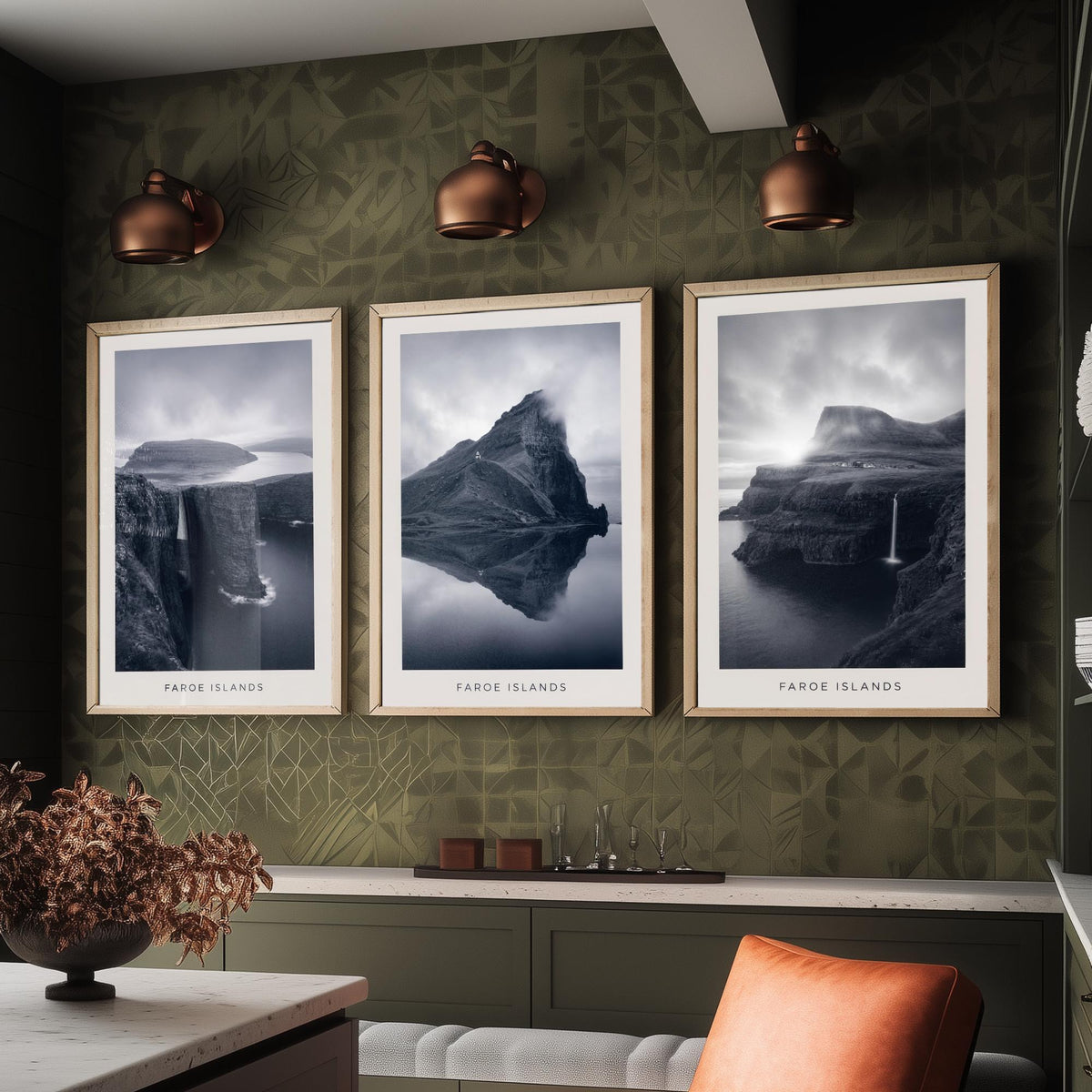 Faroe Islands Set of Three Prints | Nordic Cliffs Fjord Waterfall | Moody Black and White Landscape Wall Art Poster Photo