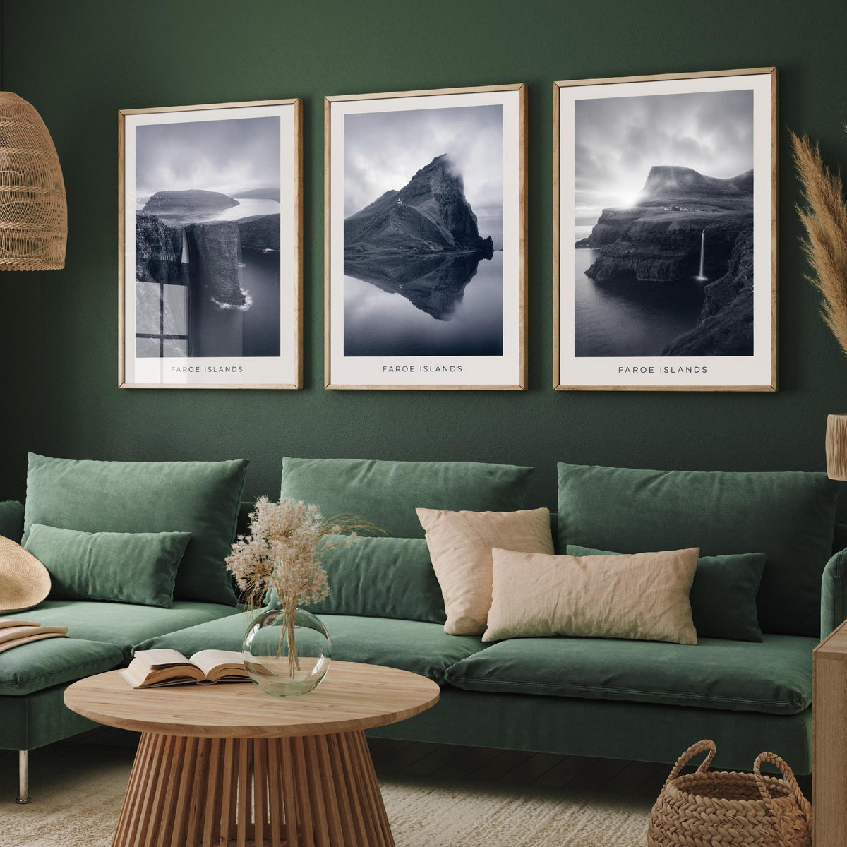Faroe Islands Set of Three Prints | Nordic Cliffs Fjord Waterfall | Moody Black and White Landscape Wall Art Poster Photo