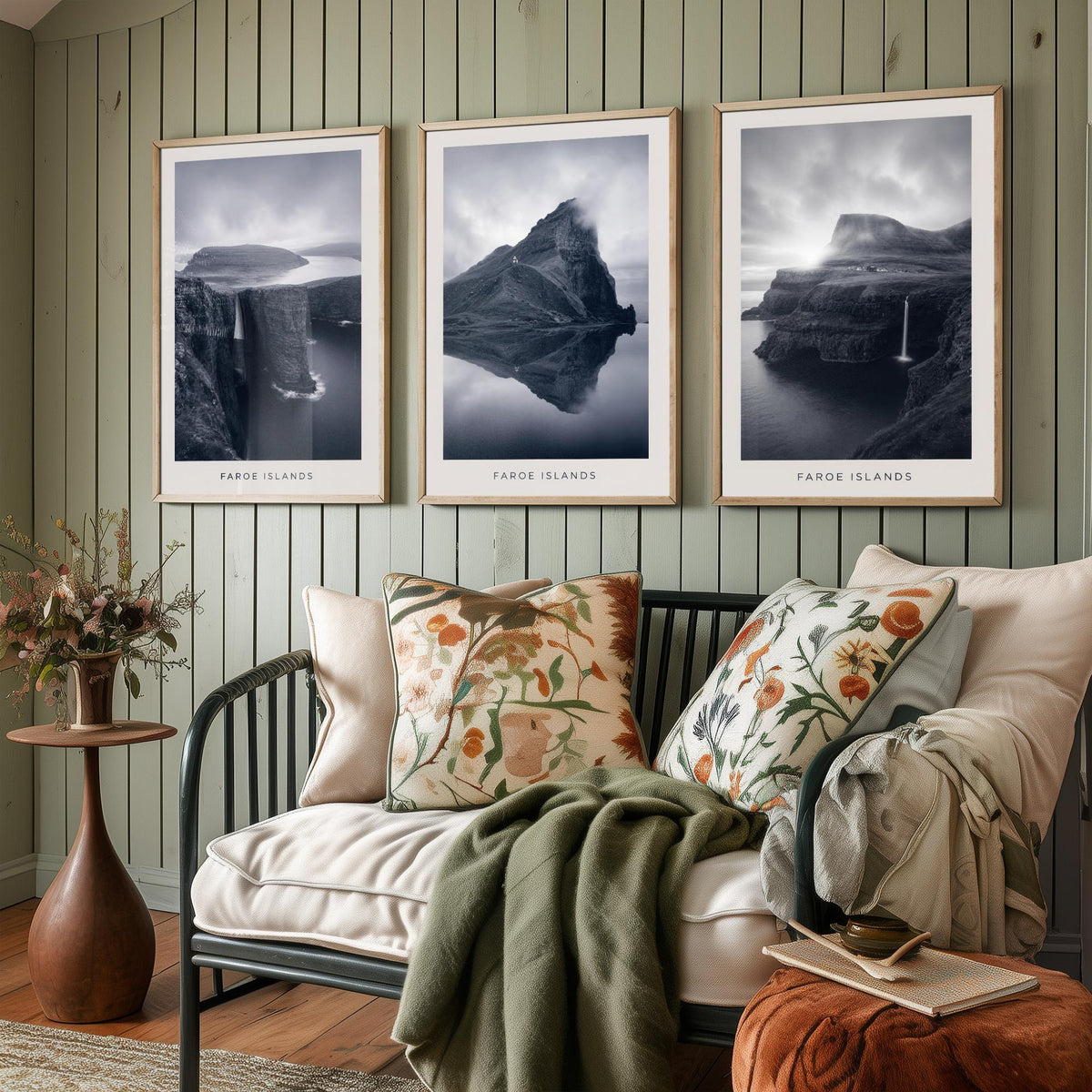 Faroe Islands Set of Three Prints | Nordic Cliffs Fjord Waterfall | Moody Black and White Landscape Wall Art Poster Photo