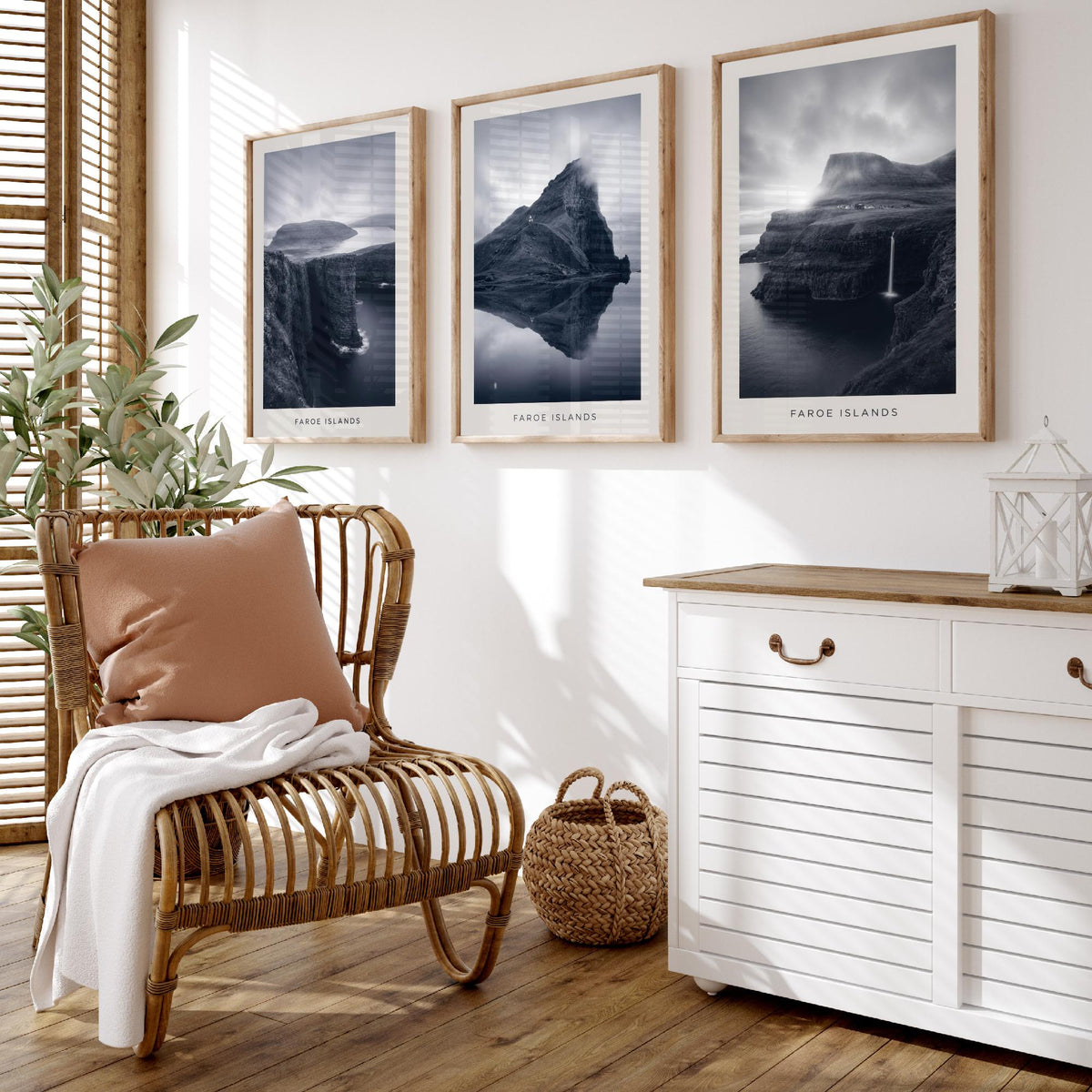 Faroe Islands Set of Three Prints | Nordic Cliffs Fjord Waterfall | Moody Black and White Landscape Wall Art Poster Photo