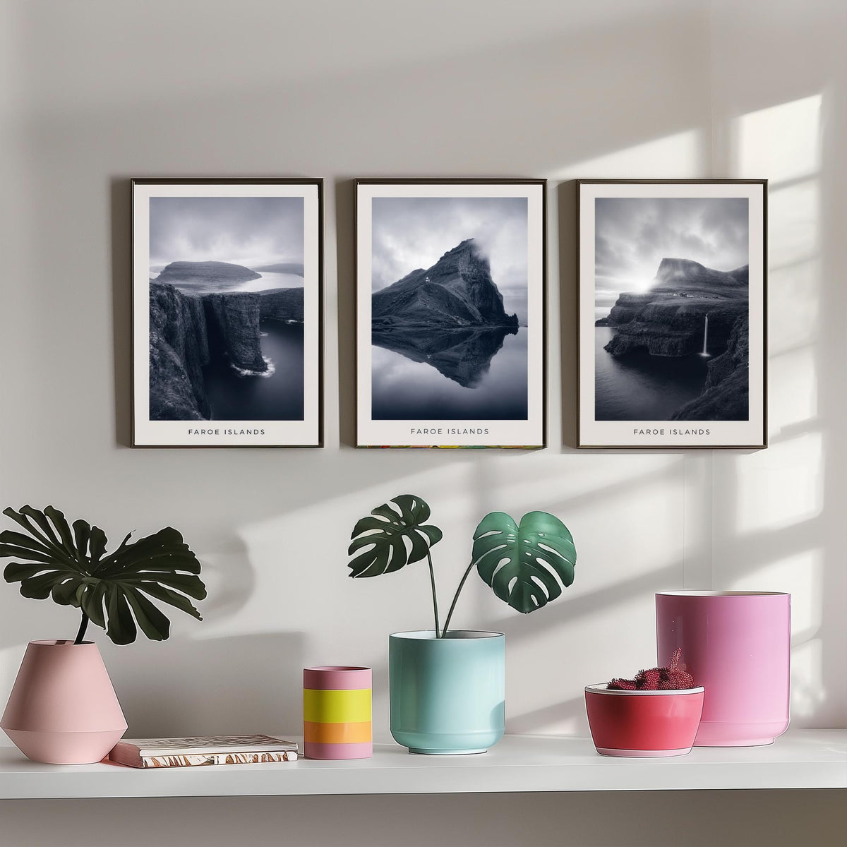 Faroe Islands Set of Three Prints | Nordic Cliffs Fjord Waterfall | Moody Black and White Landscape Wall Art Poster Photo