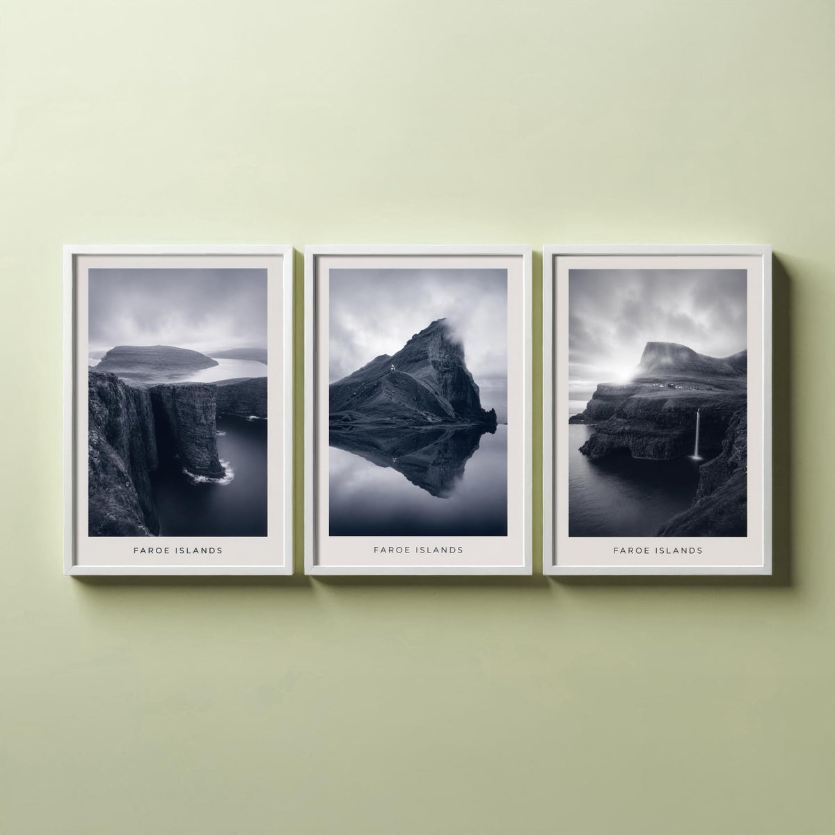 Faroe Islands Set of Three Prints | Nordic Cliffs Fjord Waterfall | Moody Black and White Landscape Wall Art Poster Photo