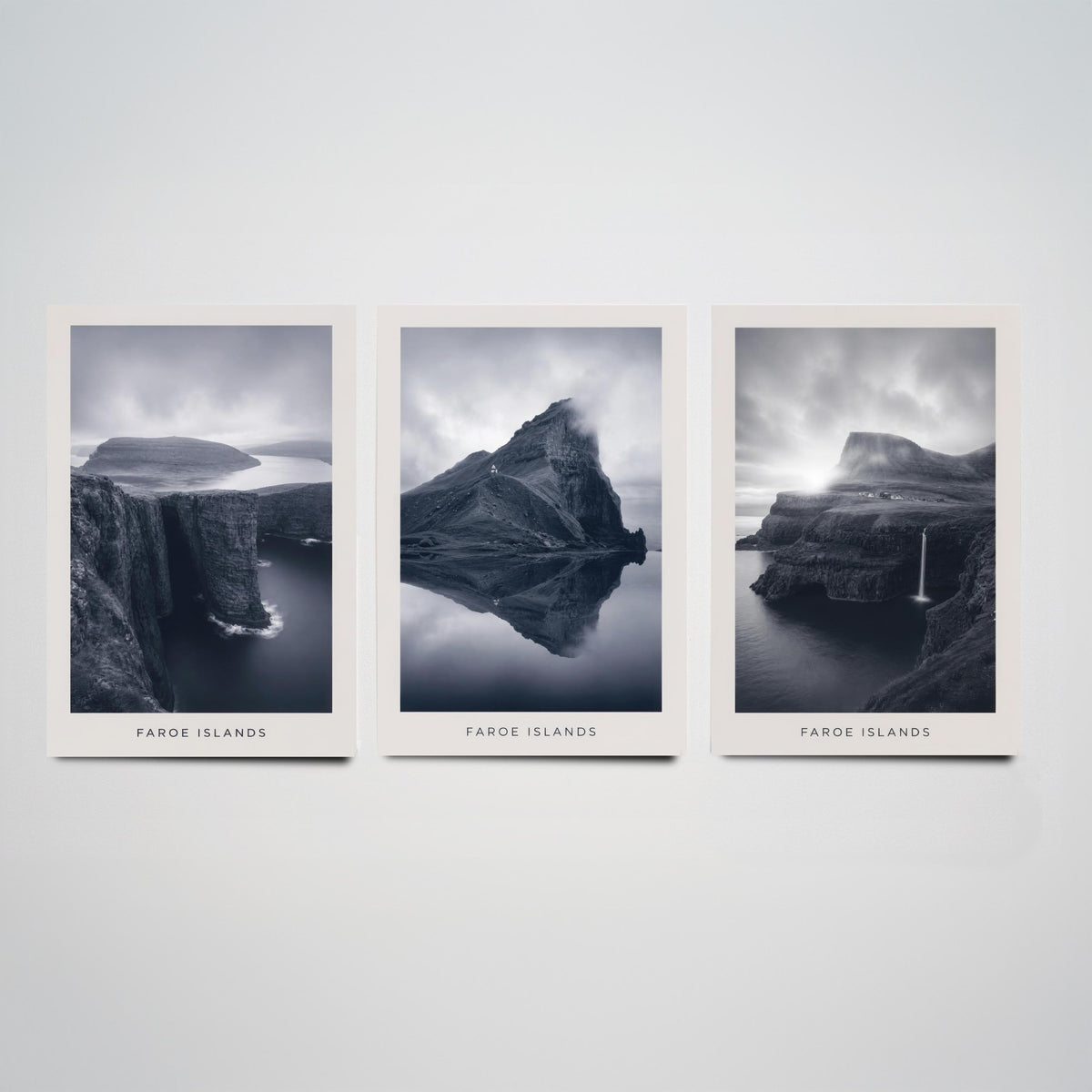Faroe Islands Set of Three Prints | Nordic Cliffs Fjord Waterfall | Moody Black and White Landscape Wall Art Poster Photo
