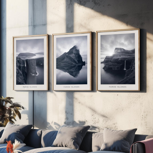 Faroe Islands Set of Three Prints | Nordic Cliffs Fjord Waterfall | Moody Black and White Landscape Wall Art Poster Photo
