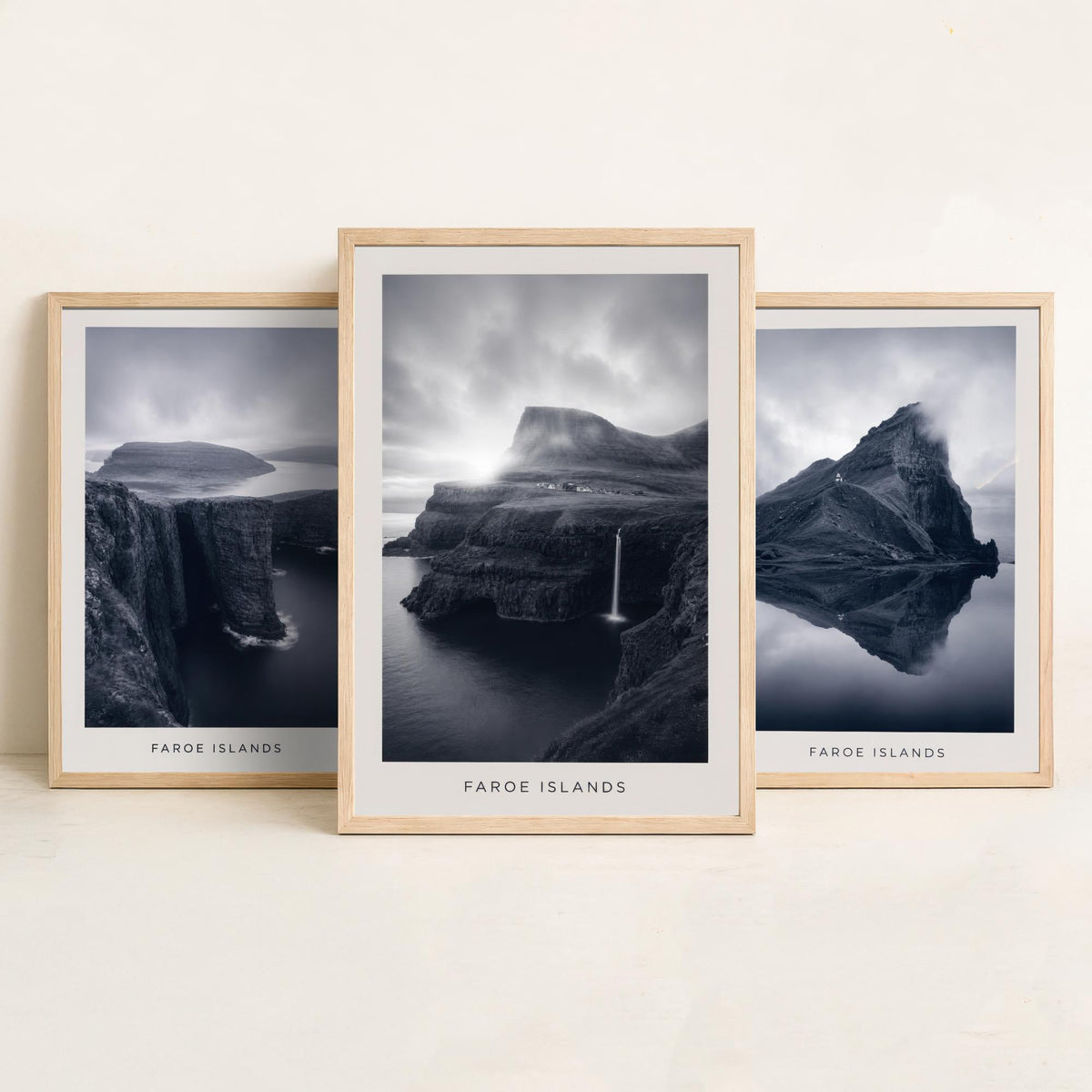 Faroe Islands Set of Three Prints | Nordic Cliffs Fjord Waterfall | Moody Black and White Landscape Wall Art Poster Photo