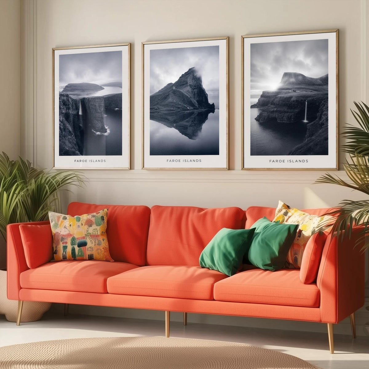 Faroe Islands Set of Three Prints | Nordic Cliffs Fjord Waterfall | Moody Black and White Landscape Wall Art Poster Photo
