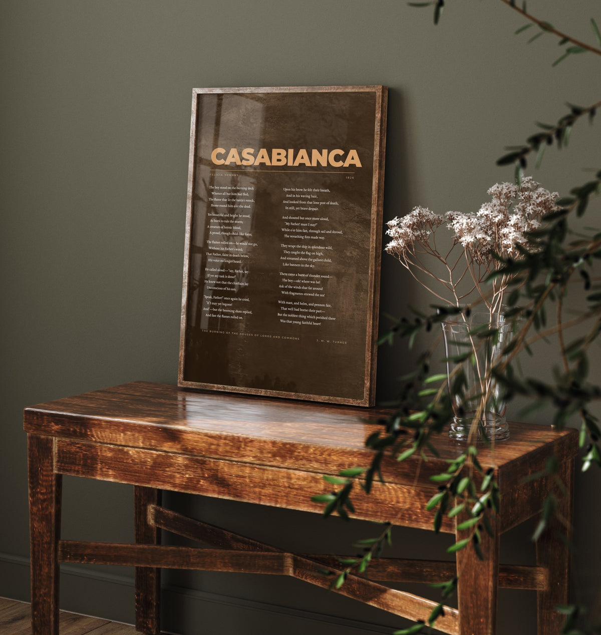 Casabianca by Felicia Hemans Art Print - Boy Stood on the Burning Deck Full Poem Poster over Turner Burning of the Houses of Lords Painting