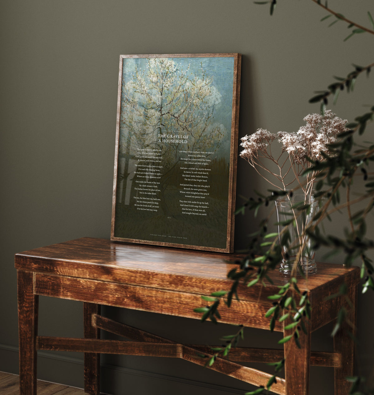 The Graves of a Household by Felicia Hemans Art Print - Full Poem over Van Gogh Pink Peach Tree Painting - Family Remembrance Poetry Poster