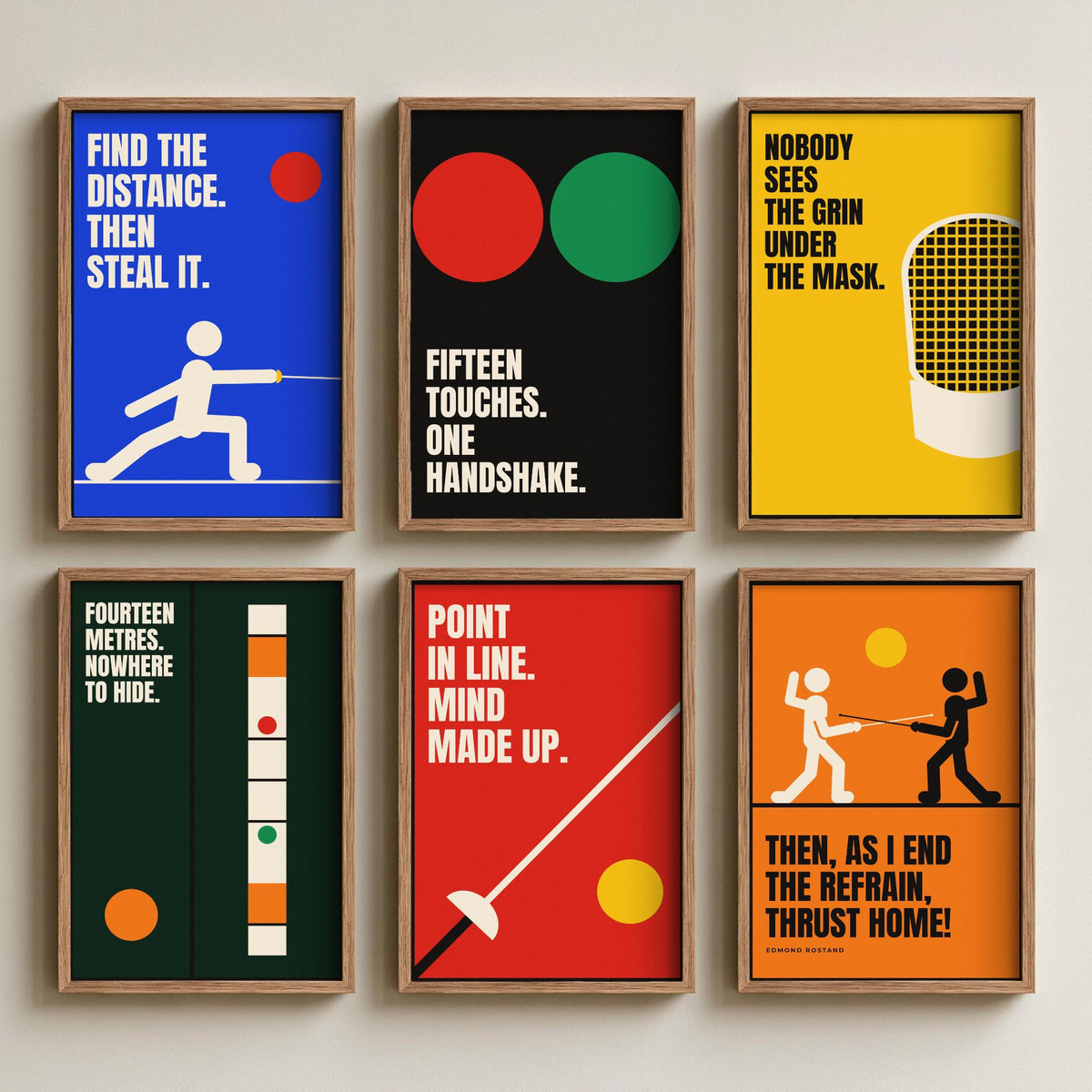 Set of Six Fencing Quote Art Prints - 6 Bauhaus Fencer Posters - Minimalist Sport Illustration - Foil, Mask, Piste